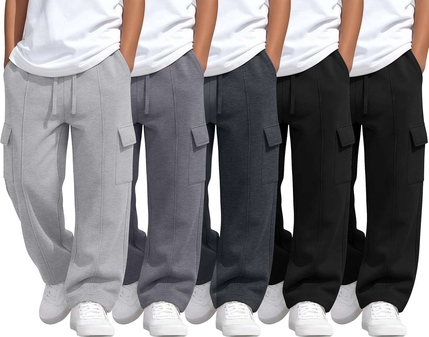 Oakgarden 5 Pack Boys' Cargo Sweatpants Straight Leg Joggers Open Bottom Baggy Pants with Multi Pockets for Years 6-16