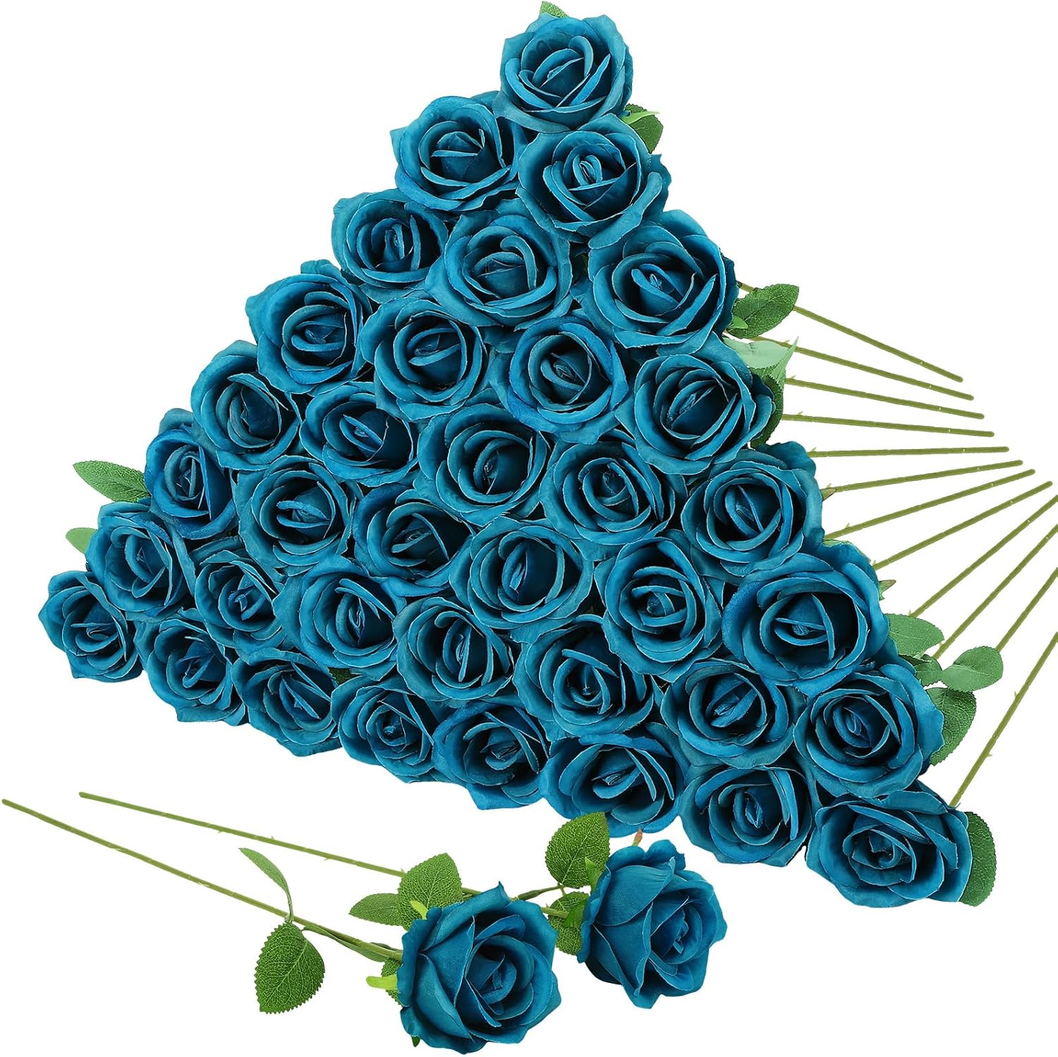 Hoemwarm 36 Pcs Teal Artificial Roses with Long Stems, Blue Green Fake Silk Rose Artificial Flowers Bulk for Bridal Wedding Bouquet Centerpiece Ball Arrangement Party Decor