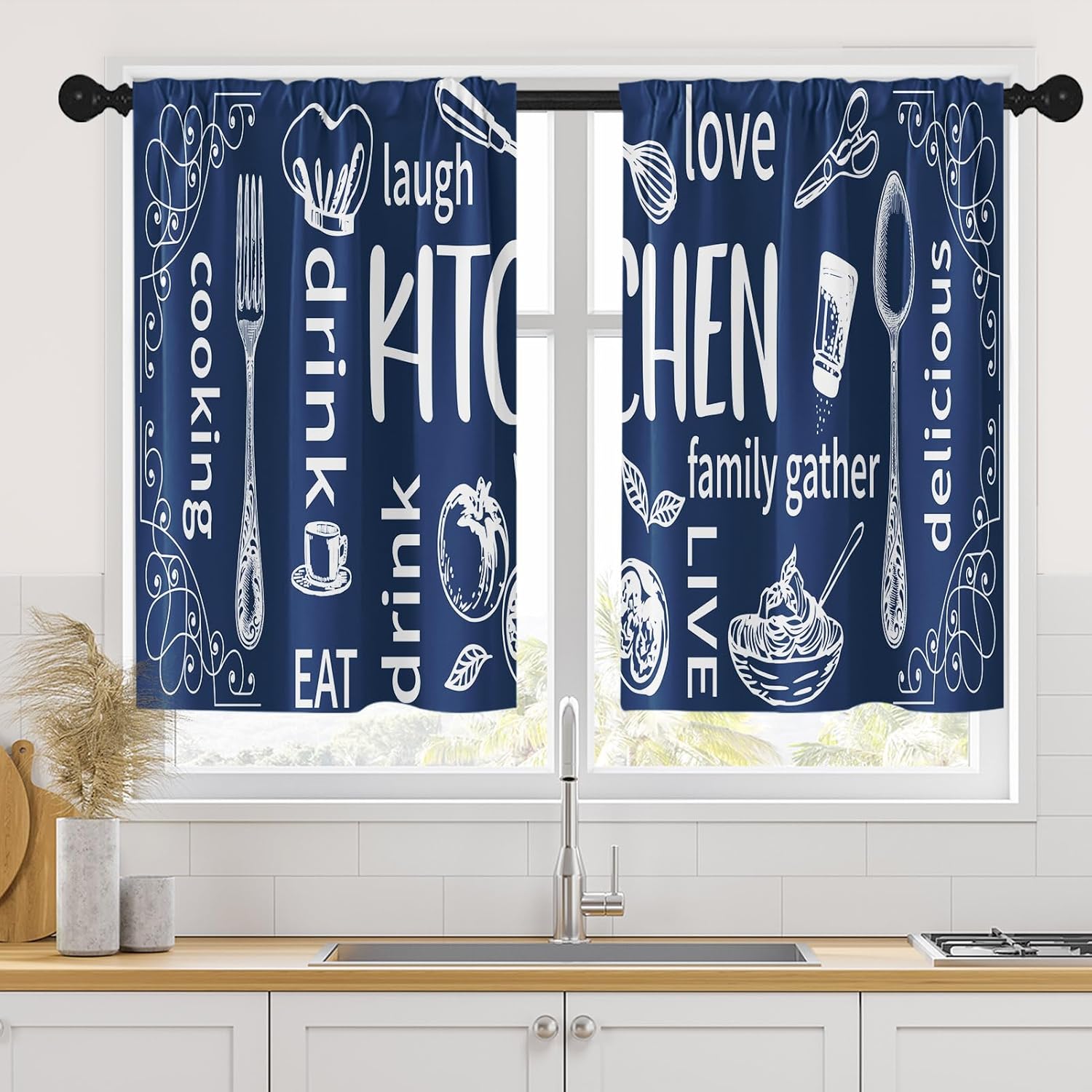 Arttown Blue Kitchen Curtains 36 Inch Length Modern Window