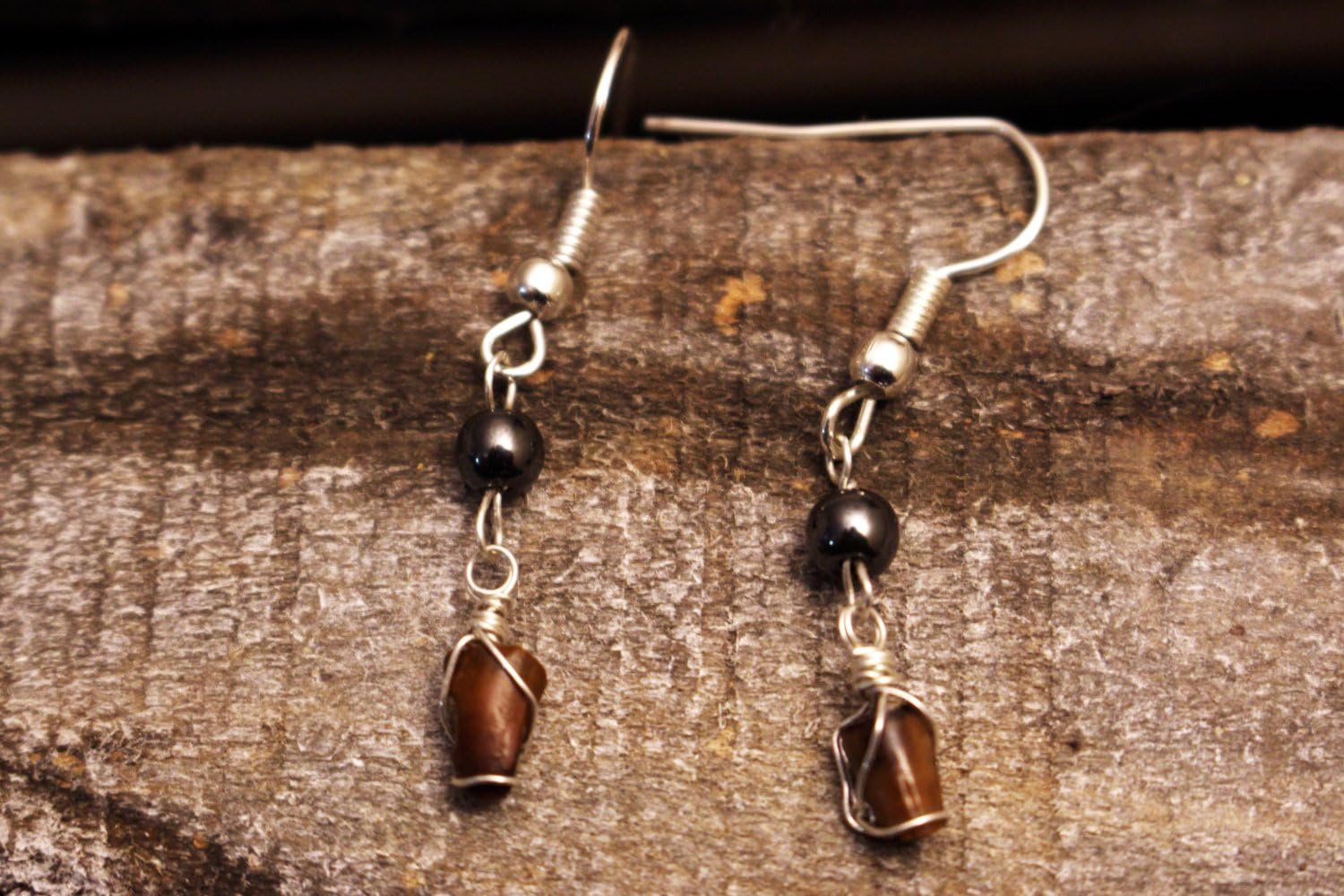 Small T-Rex Tooth Earrings Wrapped in Sterling Silver Hematite Beads Tyrannosaurus Real Fossil Dinosaur Tooth Pendant Chakra Jewelry