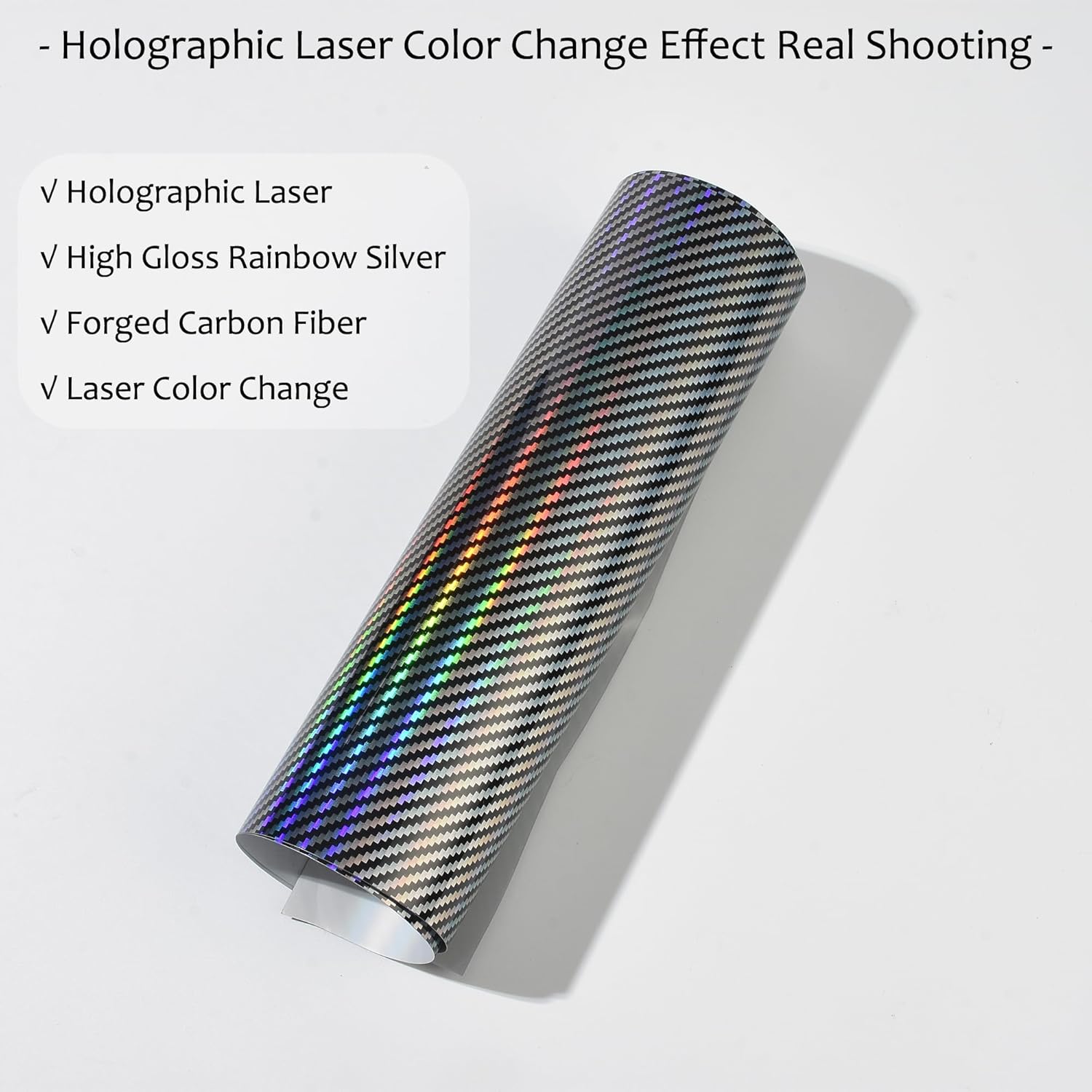 Holographic Laser Forged Carbon Fiber Vinyl Wrap High Gloss Rainbow Silver Color Change Car Body Wrapping Film Self-Adhesive Vehicle Exterior Interior Decorative Film, 59.84" x 23.62"