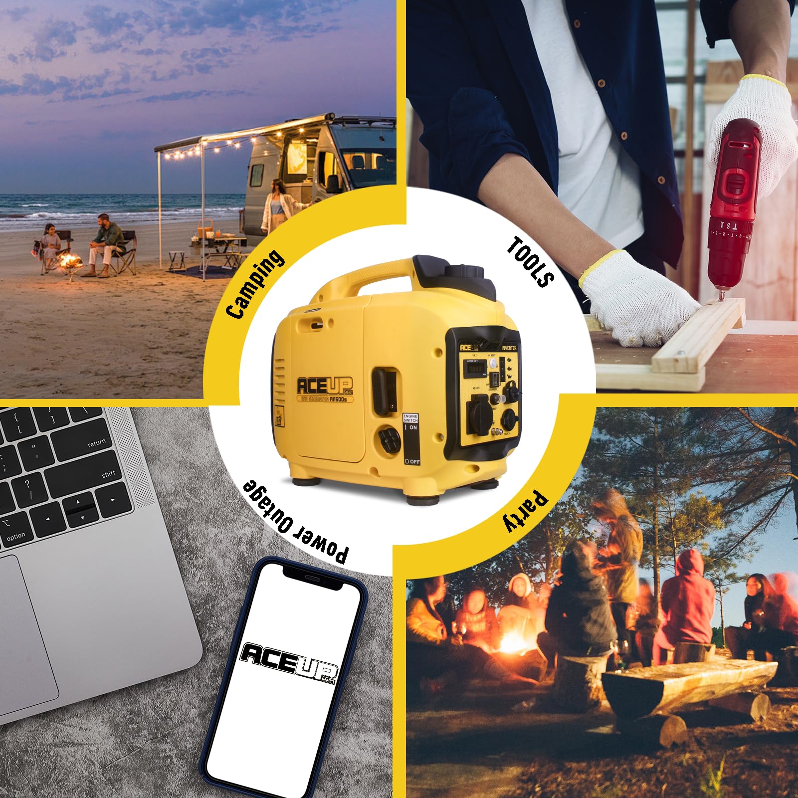 Aceup Energy Generador de energía inversor, 1300 vatios, energía de emergencia, silencioso, gasolina, generador de energía, luz, con USB, 230 V, 12 V tomas de corriente para camping