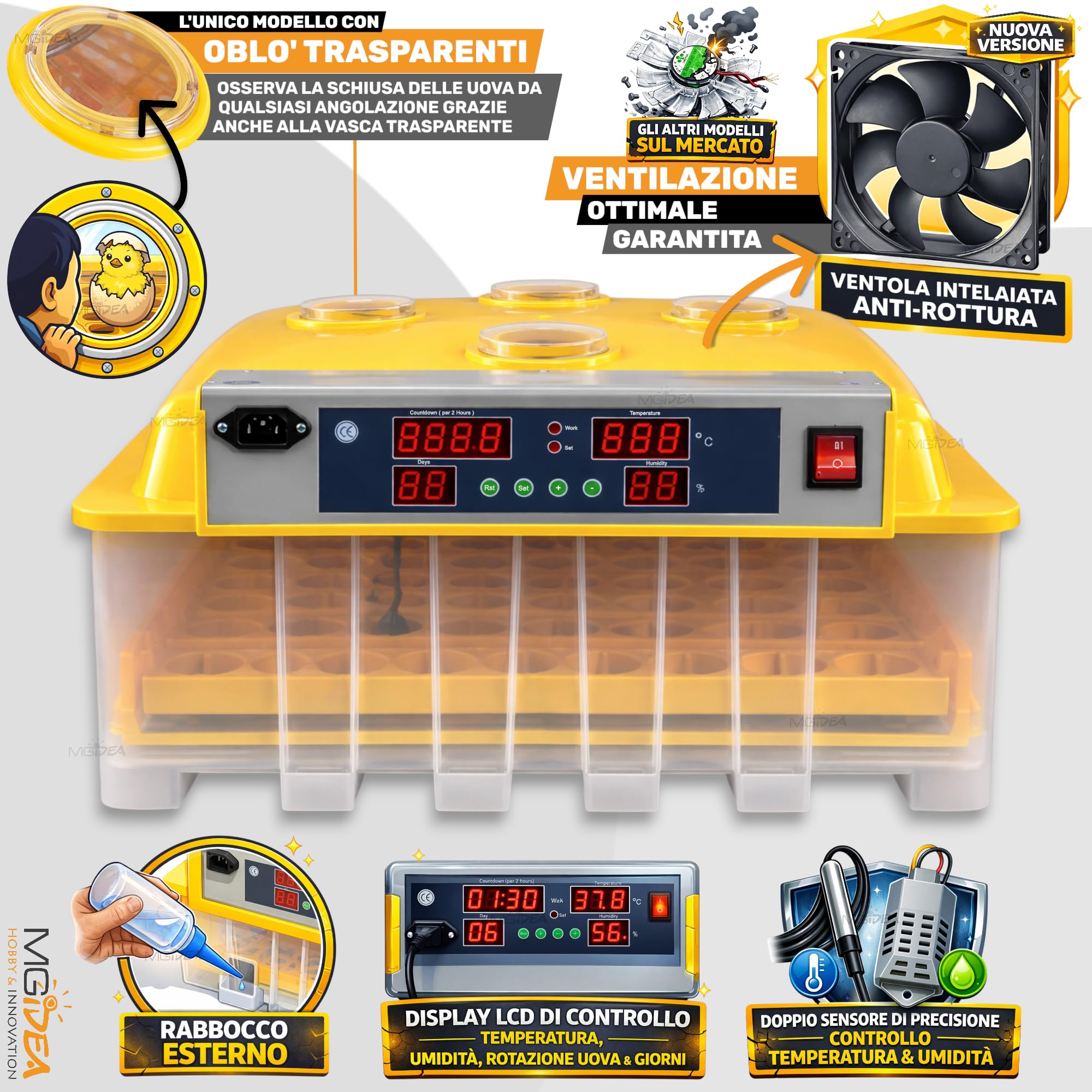 INCUBATRICE 56 PLUS POSTI AUTOMATICA GIRAUOVA IGROMETRO KIT SVEZZAMENTO COVA UOVA