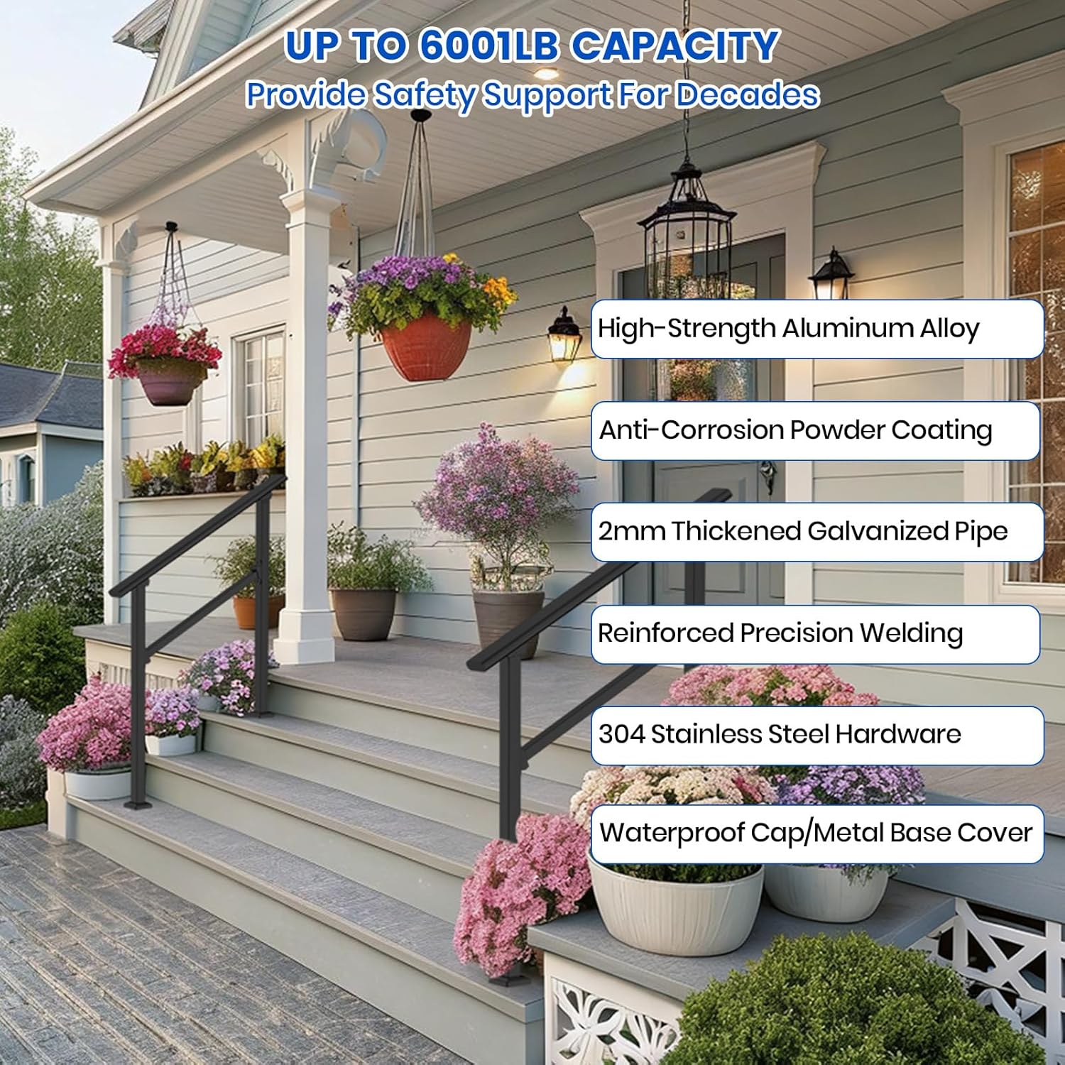 Hand Rails for Outdoor Steps-Adjustable Angle 3-4 Steps Stair Handrail-Galvanized Aluminum Alloy-600 lb LC-Indoor Stair Railing Kit-Waterproof Exterior Porch Railing-Deck Hand Rail for Concrete Wood