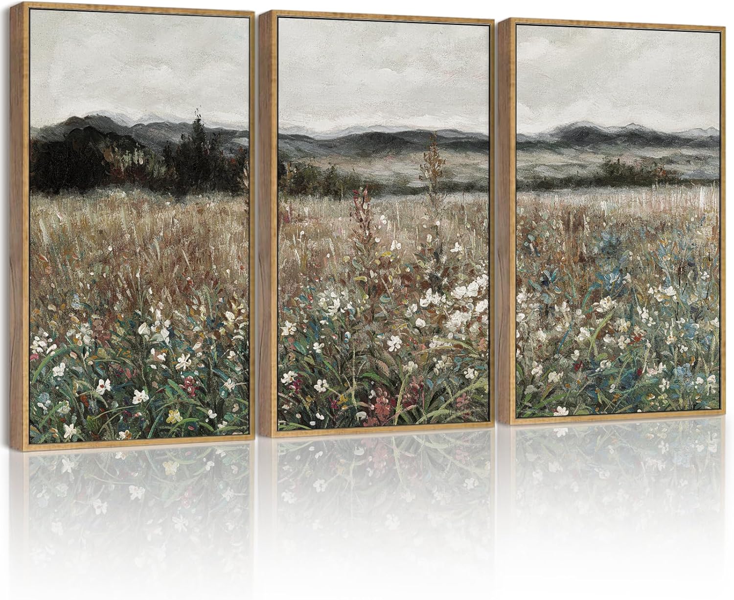 SHENIFY Vintage Landscape Framed Wall Art Meadow Flowers Farmhouse Decor Retro Classic Painting for Kitchen Living Room Bedroom Bathroom - 11x14in3pcs Natural Framed Meadow Flowers 14L" x 11W" x 3PCS Natural