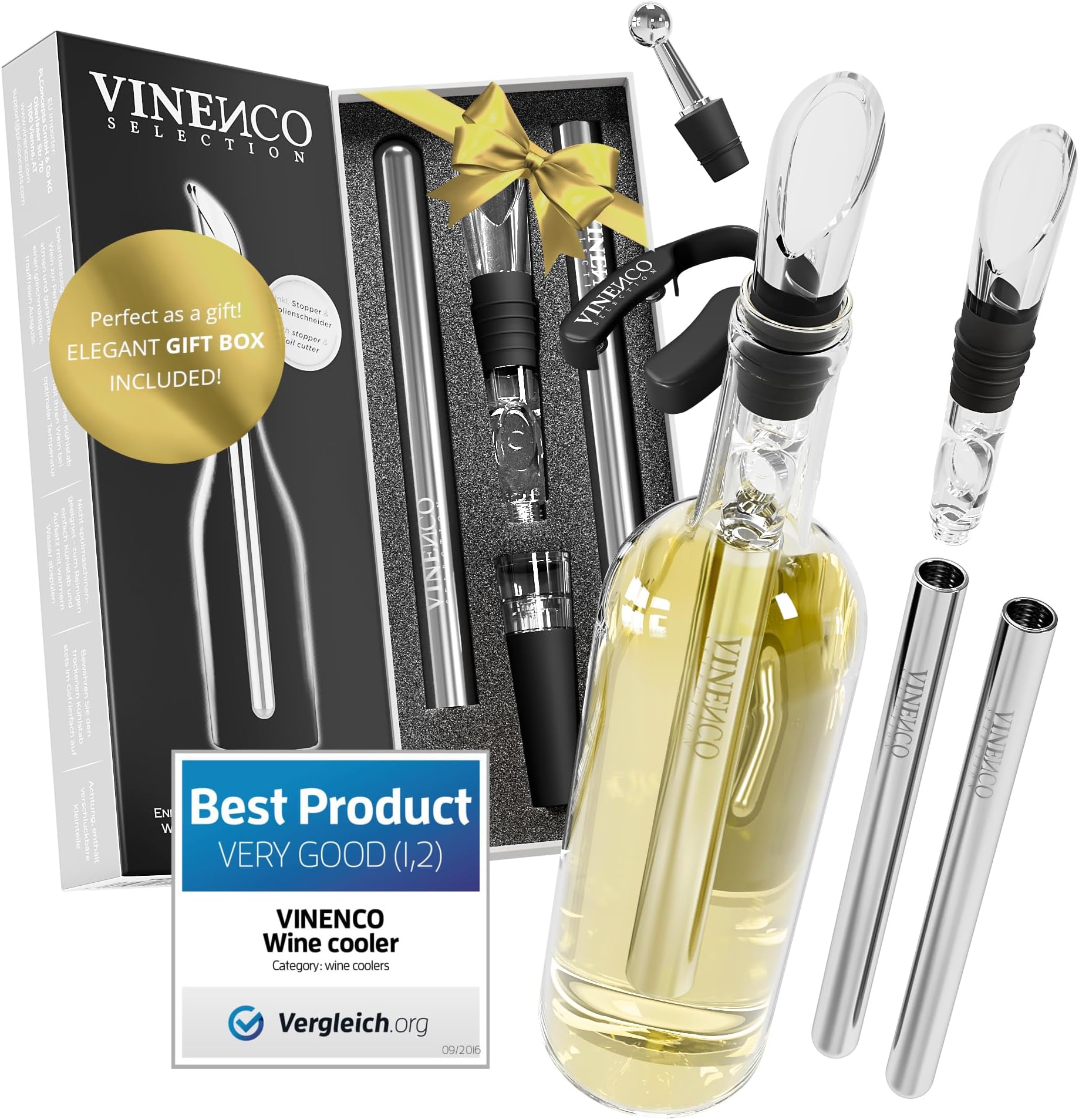 Vinenco 3-in-1 Premium Wine Accessories: Stainless Steel Bottle Cooler + Decanter Aerator + Drip-Free Pourer