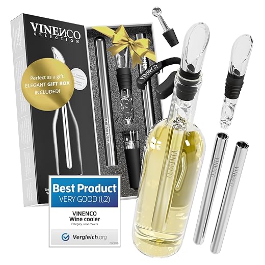 Wine Chiller Set & Chill Rods + Foil Cutter, Stopper, Ebook - Premium 7in1 Stainless Steel Bottle Cooler Stick, Decanting Aerator & Drip-Free Pourer | Bar Gift Men Women