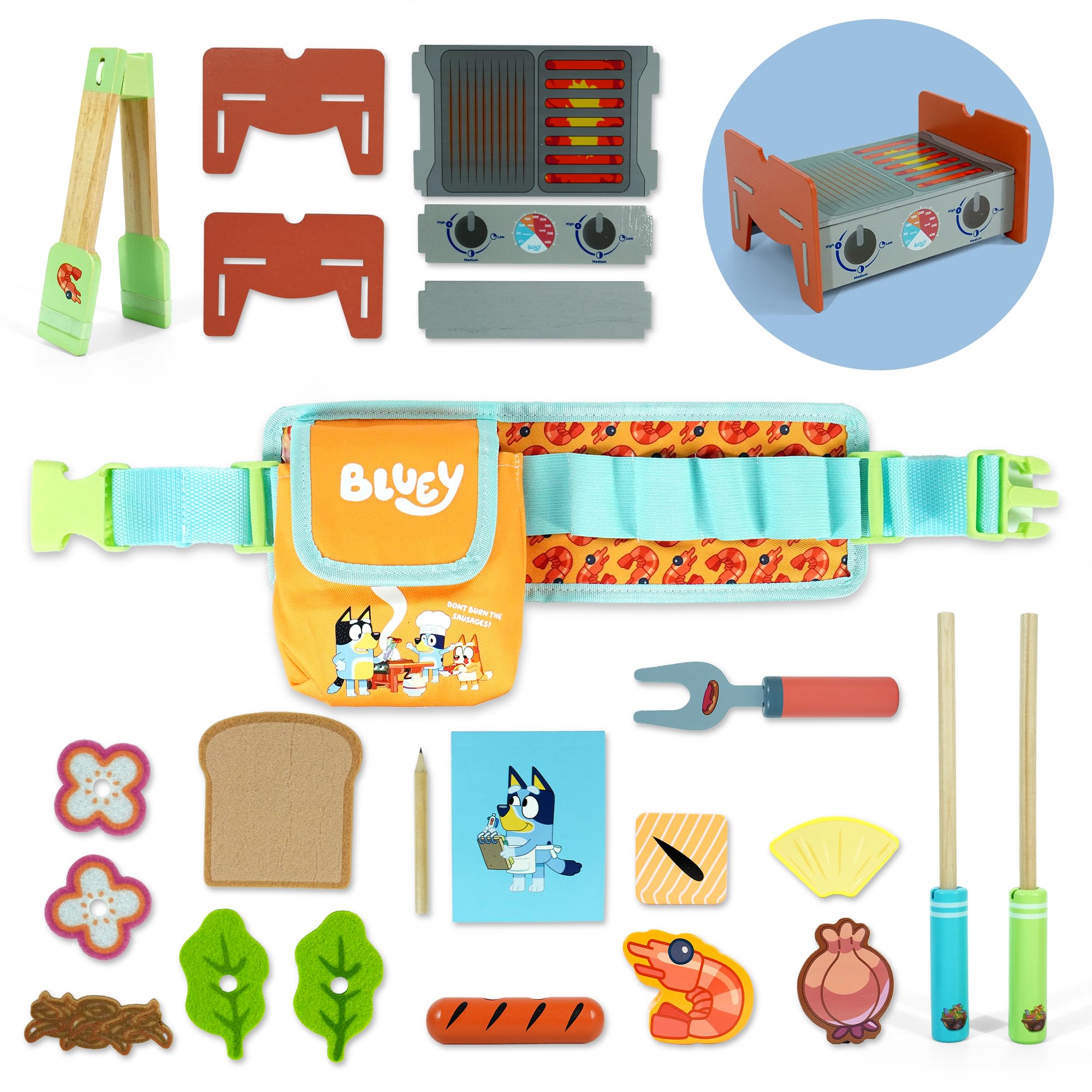Bluey - Pretend Cooking Toy - 20 Piece BBQ Belt Playset - Wood