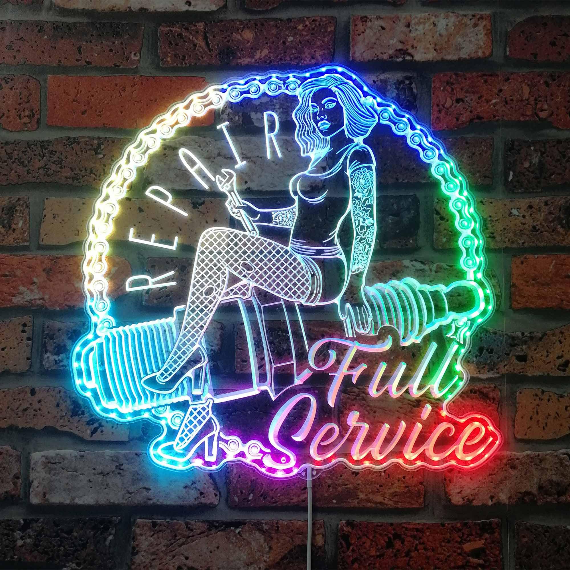 ADVPRO Spark Plug Girl Full Service Garage RGB Dynamic Glam LED Sign - Cut-to-Edge Shape - Smart 3D Wall Decoration - Multicolor Dynamic Signage st06s44-fnd-i0323-c