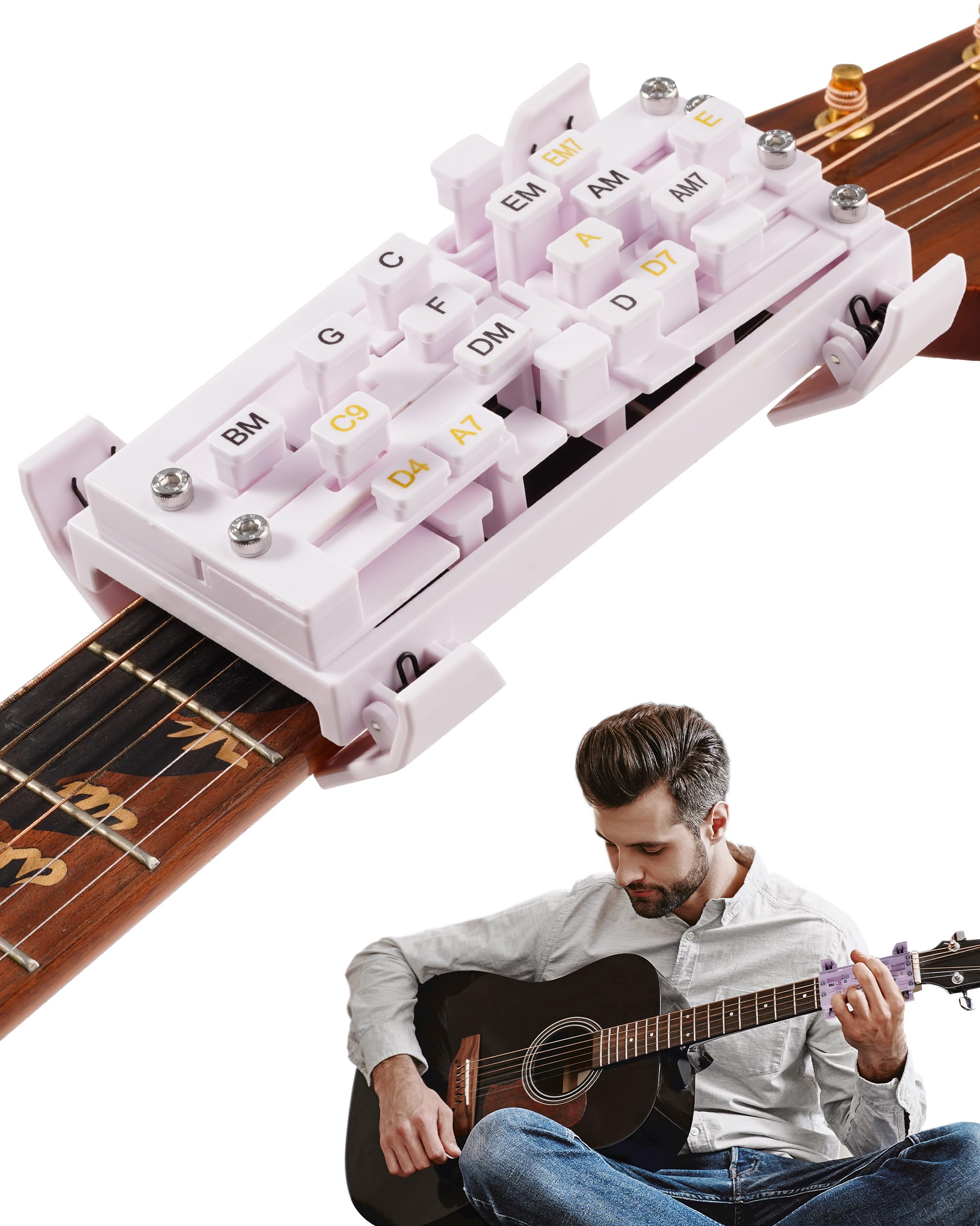 Portable Guitar Chord Presser, Guitar Chord Helper And Trainer for Acoustic Guitar, Guitar Learning Tools for Beginners and Arthritis Player, Develop Confidence Quickly， white with clip