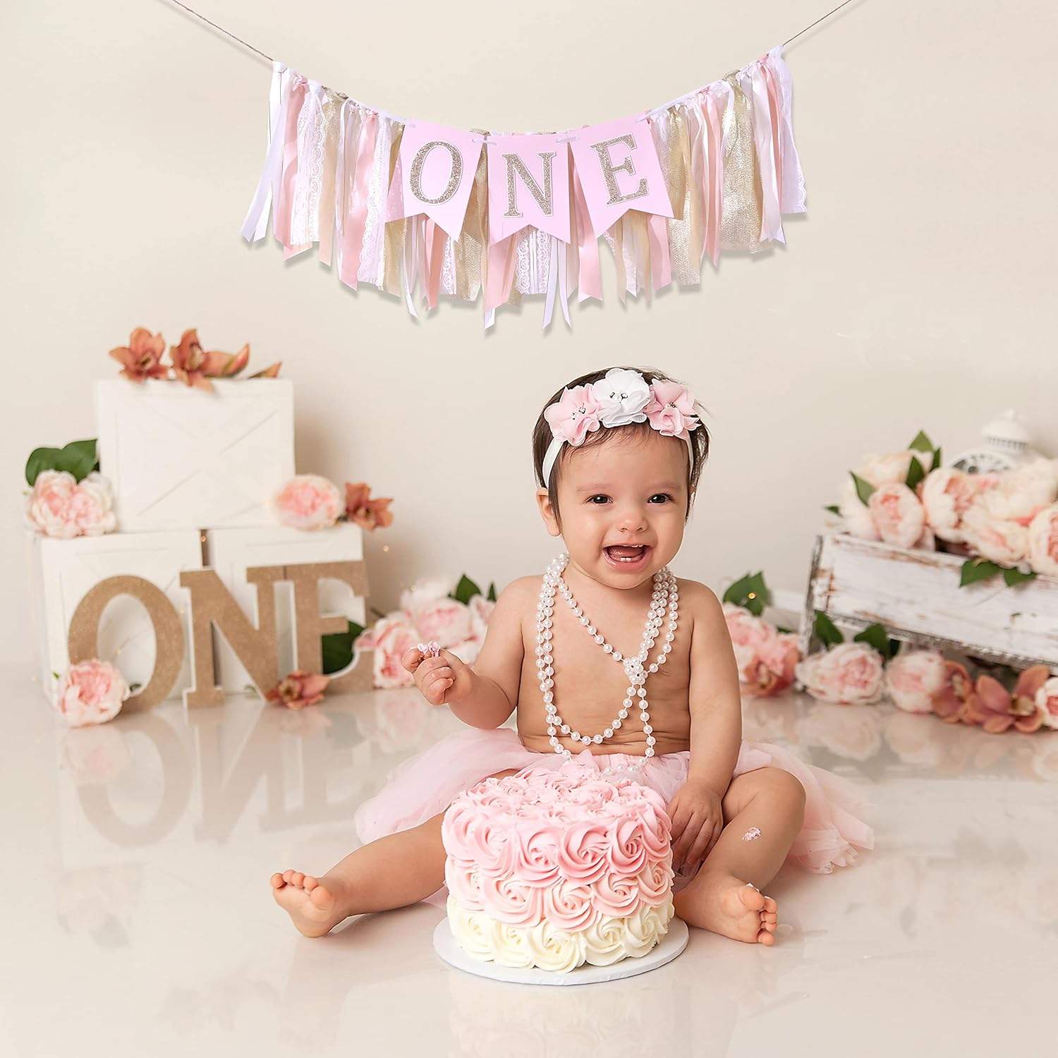 1st Birthday Girl Banner - Pink & Gold Highchair Banner, First Birthday Decorations, Photo Props