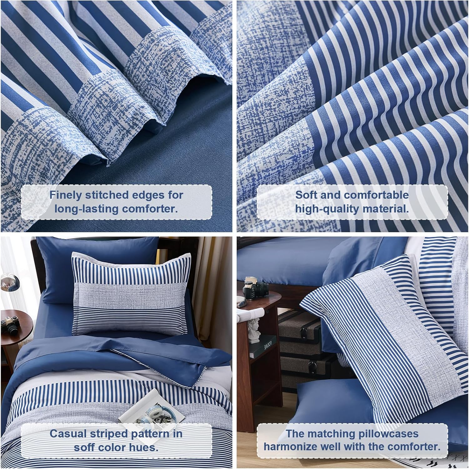 Cottolester Twin Size Comforter Navy Blue Striped Comforters for Boys&Girls,7 Pieces Bed in A Bag Simple Neutral-Style Bedding Sets for Kids Teen - Image 5