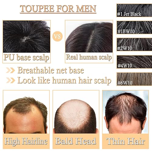 Miniatura 7 de SEGO Touppe - Cubrecabello humano para hombre con cabello corto, densidad del 150%, base mono, 100% cabello humano de 4 pulgadas, peluca de repuesto