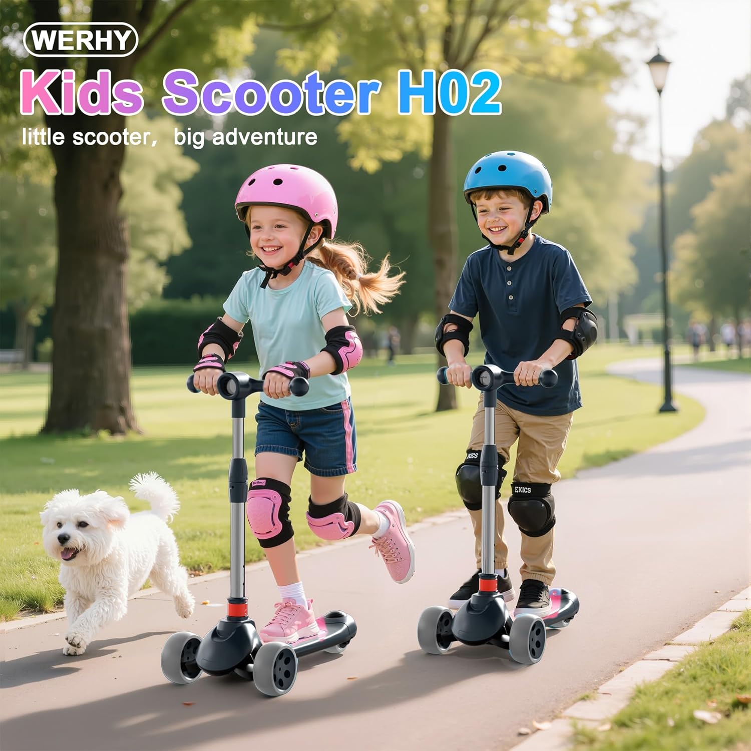 WERHY Kids Scooter, with Multi-Color Wheel Lights, 4-Height Adjustable Handlebar, Wide Anti-Slip Deck, Rear Brake, Kick Scooter for Boys & Girls Ages 3-12