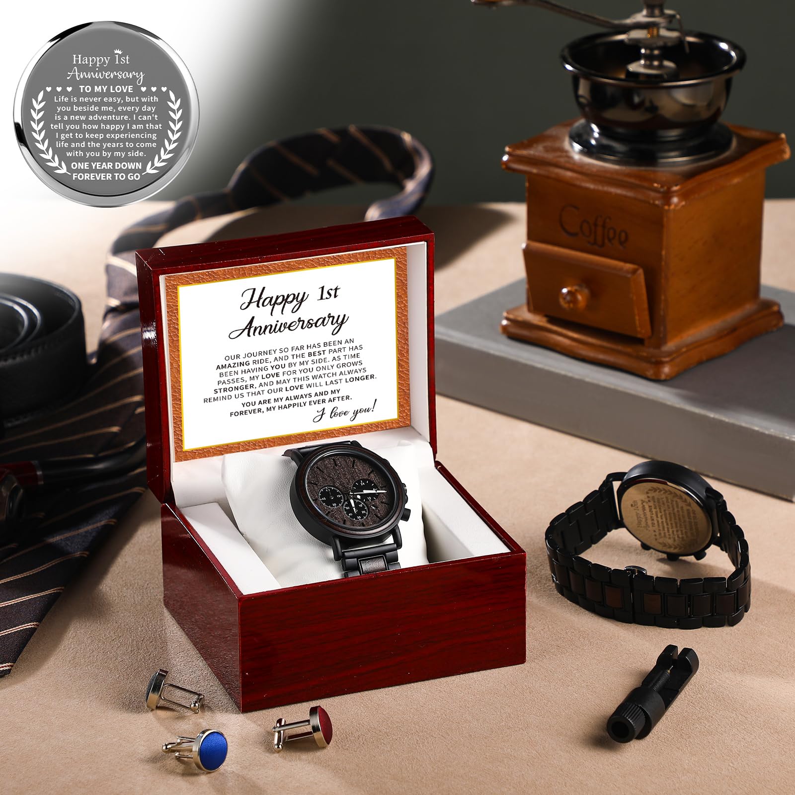 Threehoney Orologio da uomo in legno inciso, regalo per anniversario di matrimonio, ricordo per marito, per fidanzato