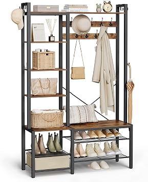 VASAGLE Coat and Shoe Rack, Coat Stands for Hallway, 140 x 120 x 190 cm | Hallway Coat Rack with Shoe Bench and 5 Storage Shelves, 9 Coat Hooks and 6 Side Hooks, Vintage Brown and Ink Black HSR426B01