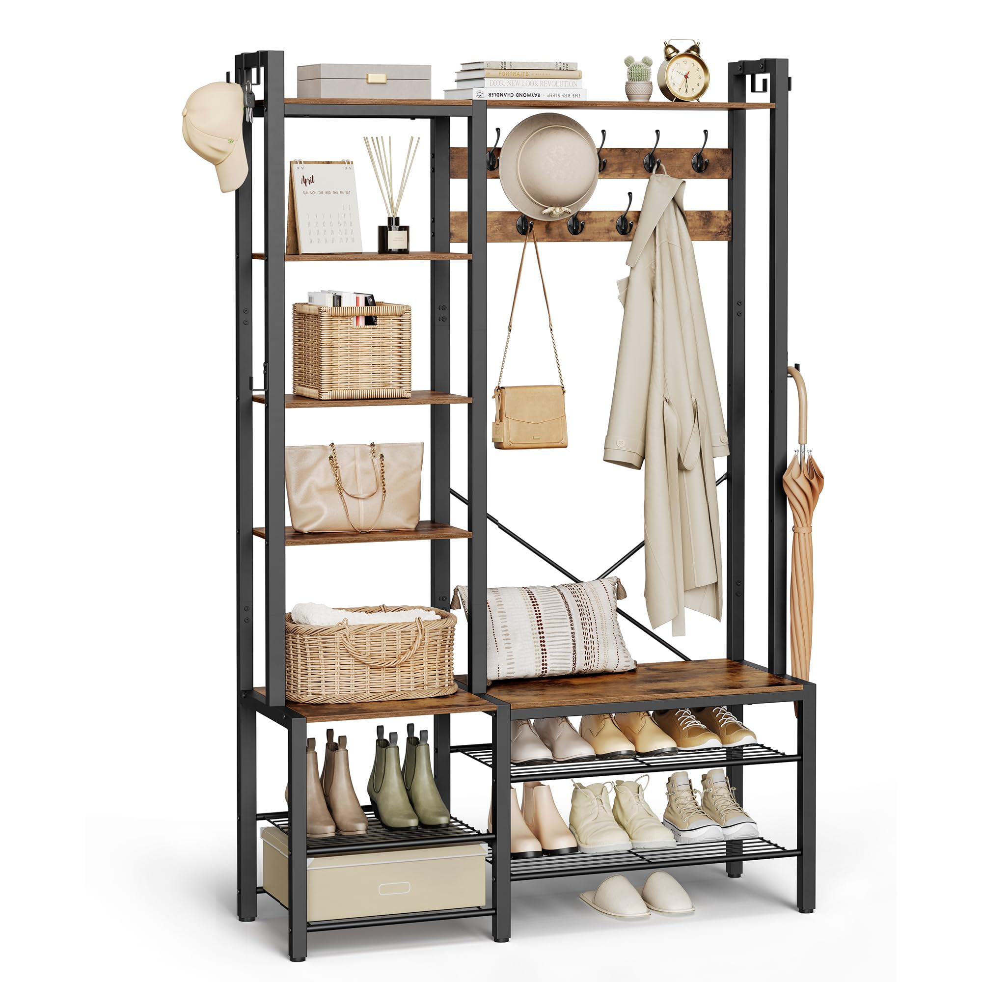 VASAGLE Garderobenständer mit Schuhbank, Garderobe, 5 Regalebenen aus Spanplatten, 9 Dreifach-Haken, 6 seitliche Haken, 40 x 120 x 190 cm, vintagebraun-tintenschwarz HSR426B01