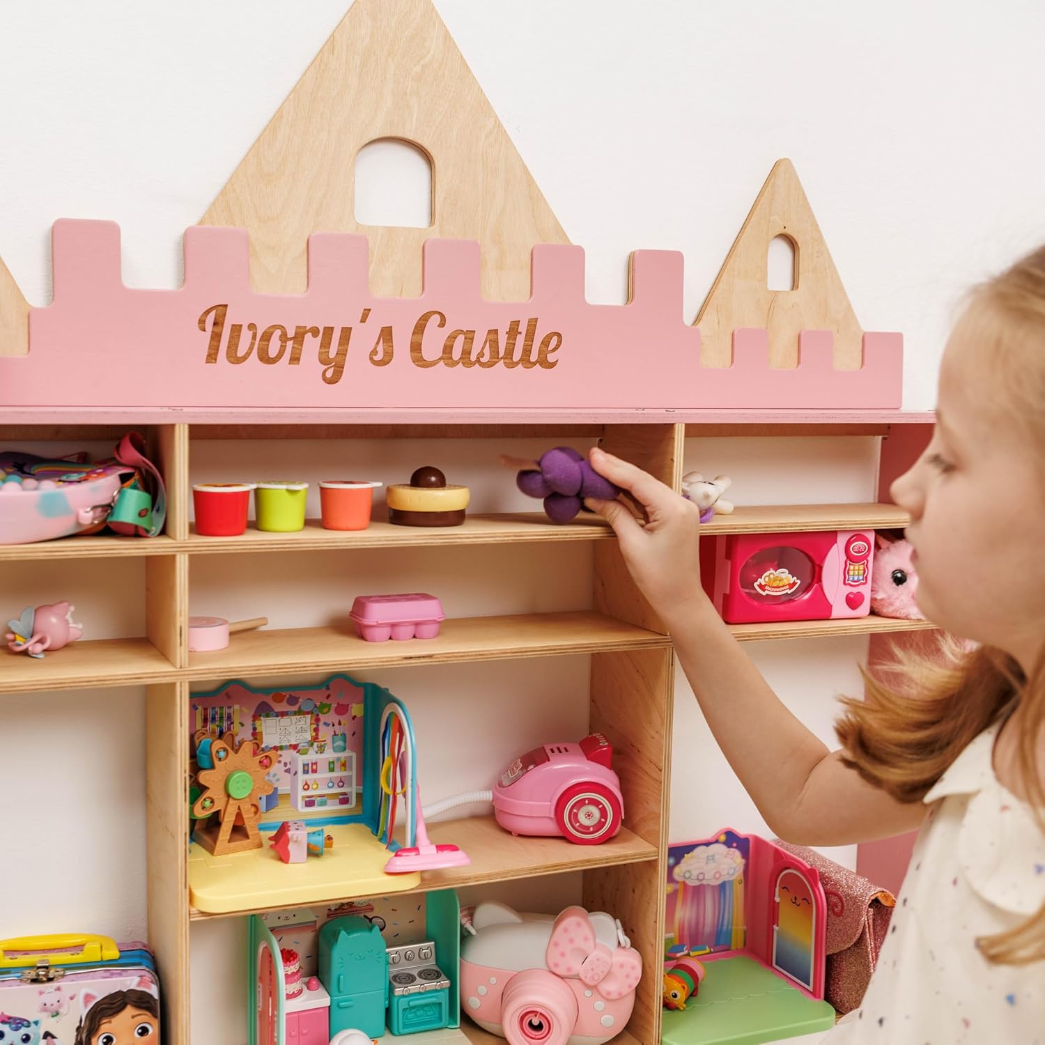 Enjoy The Wood Wooden Kids Toy Storage Organizer Montessori Shelf (Castle) | Toy Organizers, Wall Mounted Nursery Shelves, Optional Name Personalization, Playroom Organization by Enjoy the Wood