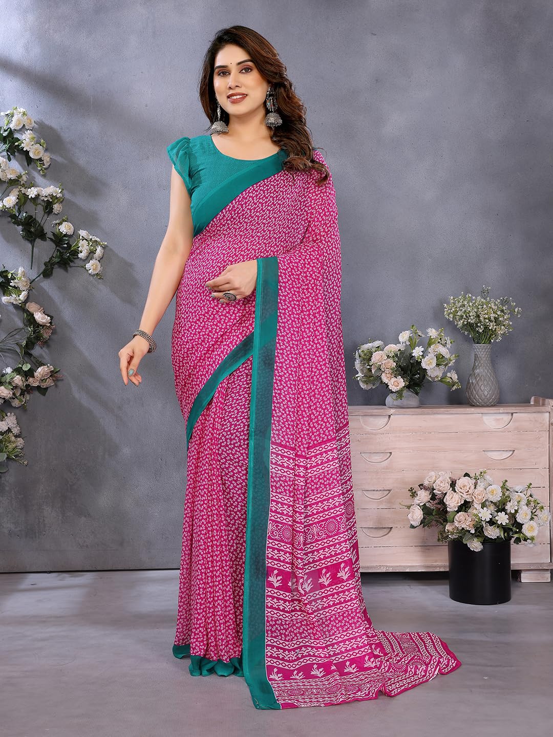 Women's Printed Georgette Saree With Unstitched Blouse Piece-image-7