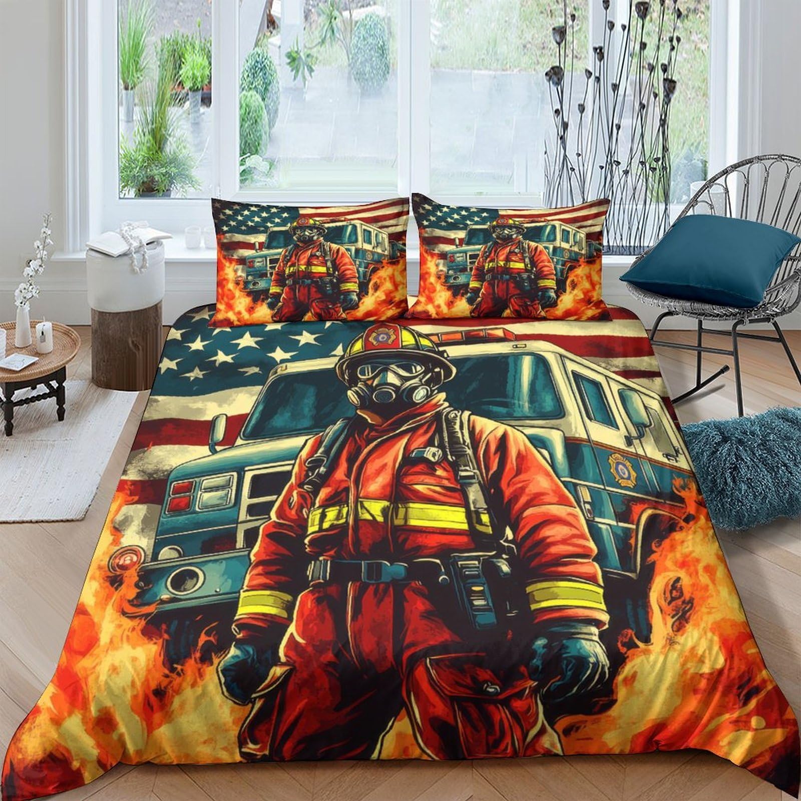 Ctjqhvkz Style-3 3D Printed Firefighter Fitted Sheet Microfiber Soft Breathable Fire Truck Flames Bed Cover For Bedroom Dorm Room Decor Single（135X200cm）
