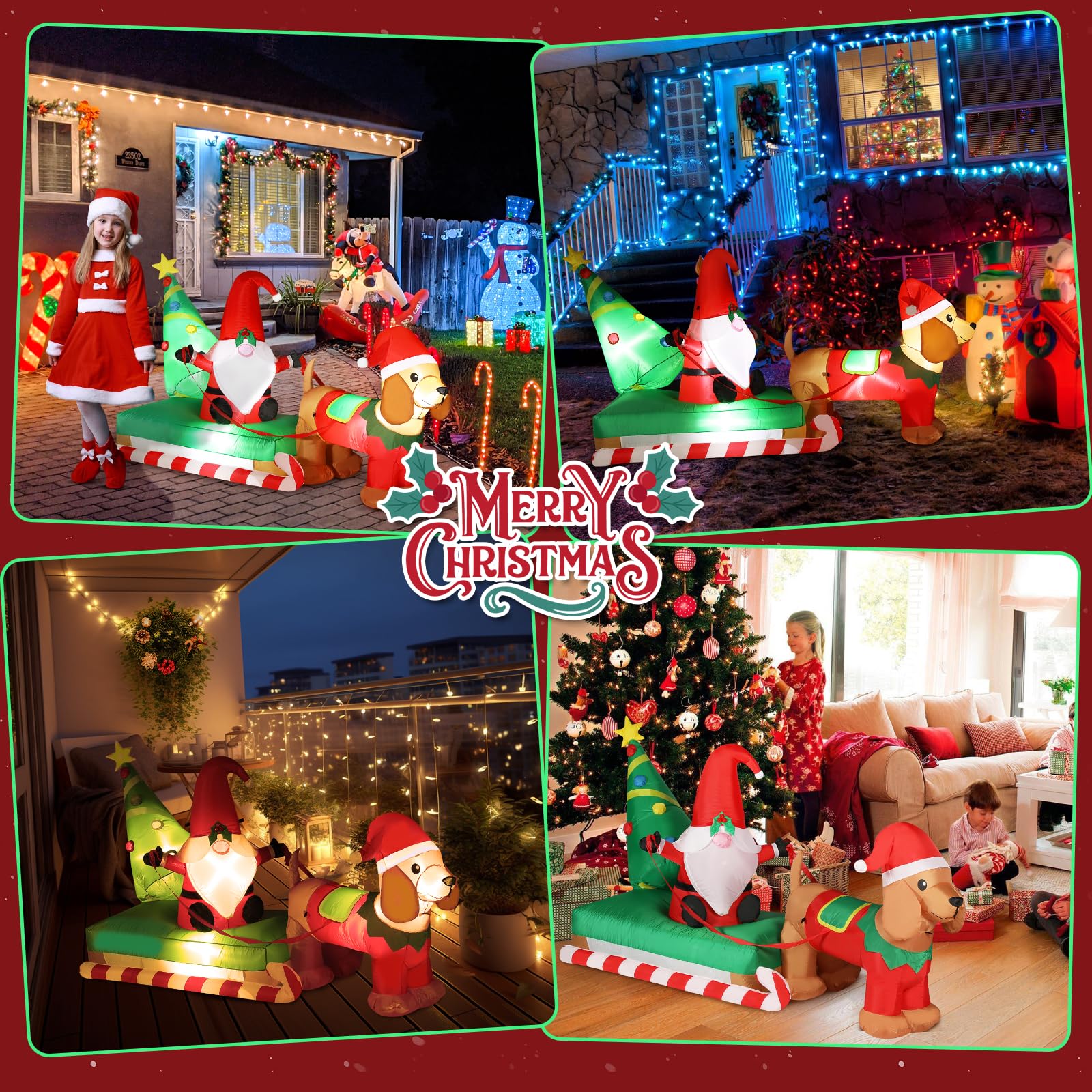 BLOOMWIN Aufblasbare Weihnachtsdeko Aussen - 2,5m Lang Aufblasbar Weihnachtsbeleuchtung Außen Figur Gnom Zwerg Dackel Schlitten Weihnachtsbaum Wetterfest XXL Deko Weihnachten Draußen Hof Garten