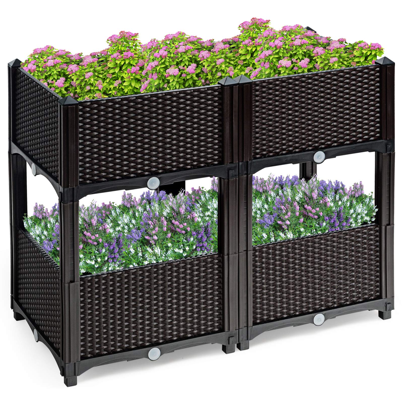 GOPLUS 4-Blumentopf Set, Erhöhtes Gartenbeet mit Wasserspeicher & Entwässerungsloch, stehender Blumentopf mit Abnehmbarer Füße, Blumenkasten für terrasse & Garten & Balkon, Quadratisch 40x40 cm