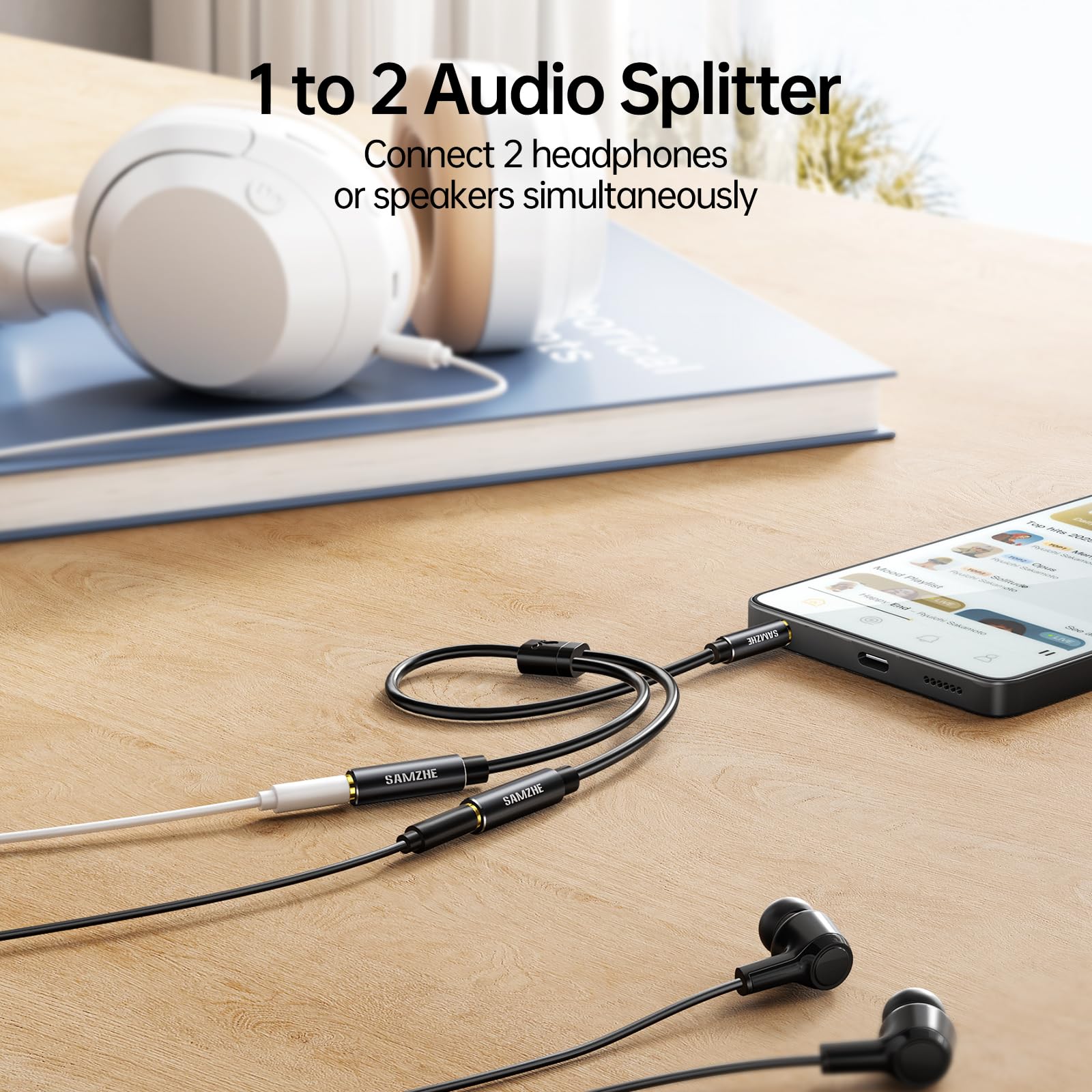 SAMZHE Kopfhörer-Splitter, 3,5 mm, 1 Stecker auf 2 Buchsen, Y-AUX-Kabel, 24 K vergoldet, OFC, Hi-Fi-Stereo-Kabel ohne Mikrofon, 24 cm für PS5, PS4, Switch, Xbox, iPhone, iPad, Auto, Laptop, Audio