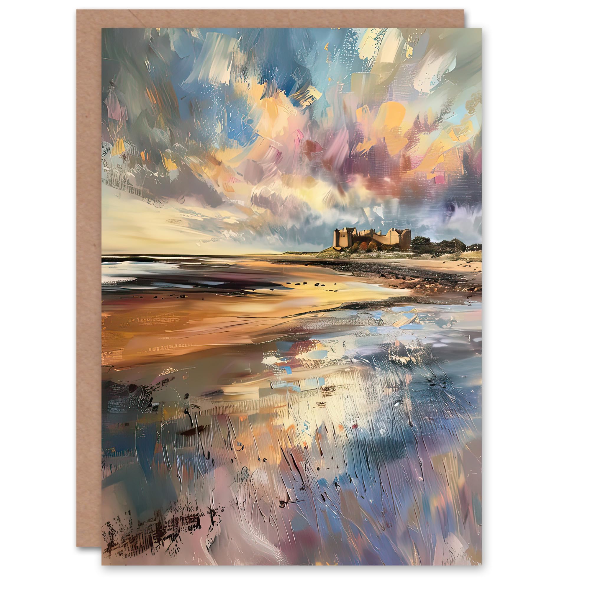 Artery8 Greeting Card Bamburgh Castle Colourful Acrylic Northumbria Blank For Him Or Her Art Birthday Card