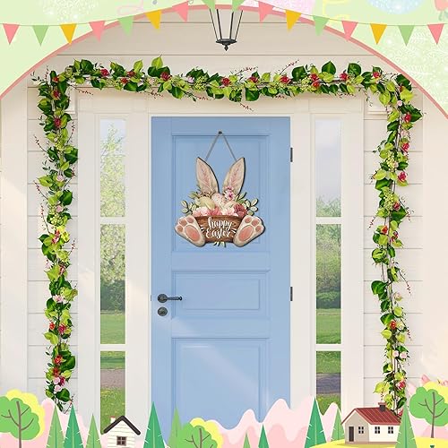 Vista 4 de Barydat 1 corona de Pascua para puerta delantera, conejo de bienvenida, letrero de madera, colgador de puerta, decoración de primavera, placa