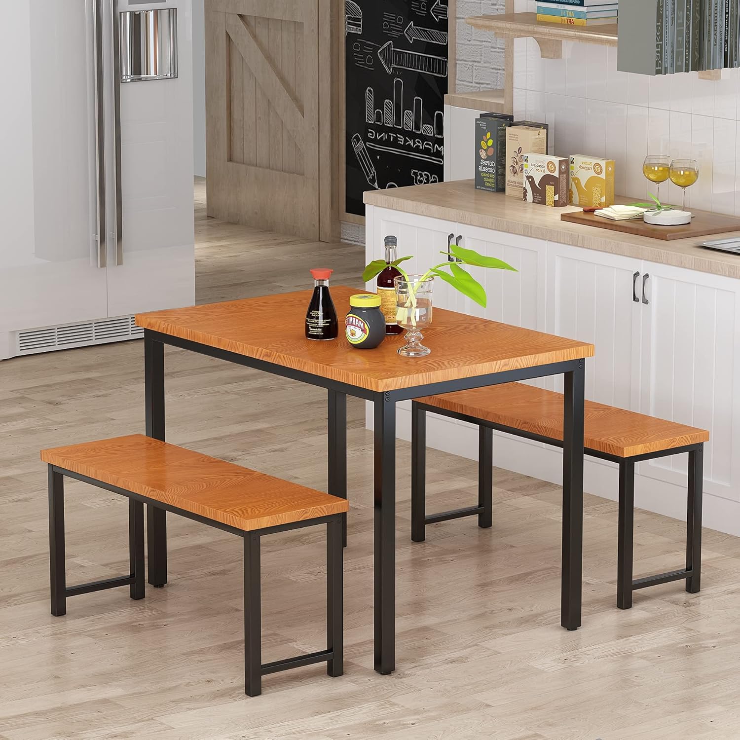AWQM Dining Room Table Set, Kitchen Table Set with 2 Benches, Ideal for Home, Kitchen and Dining Room, Breakfast Table of 47.2x28.7x28.7 inches, Benches of 41.3x11.8x17.7 inches, Brown image 4 of 7 B0999N7VG7