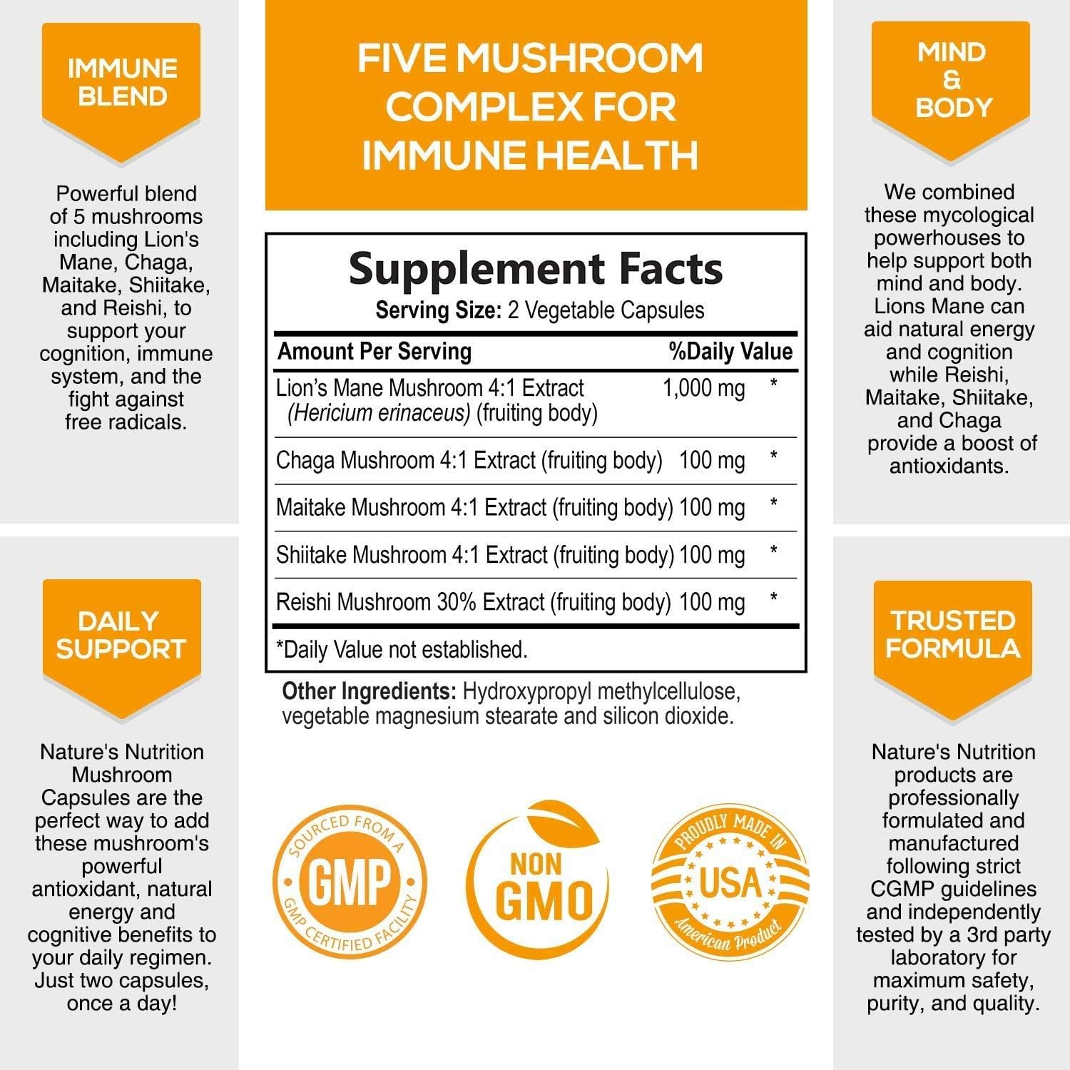 Mushroom Supplement - 5 Mushrooms Complex with Reishi, Lions Mane, Maitake, Chaga - Immune Support and Brain Support - Natural Nootropic for Energy - Support Memory and Focus - 120 Capsules