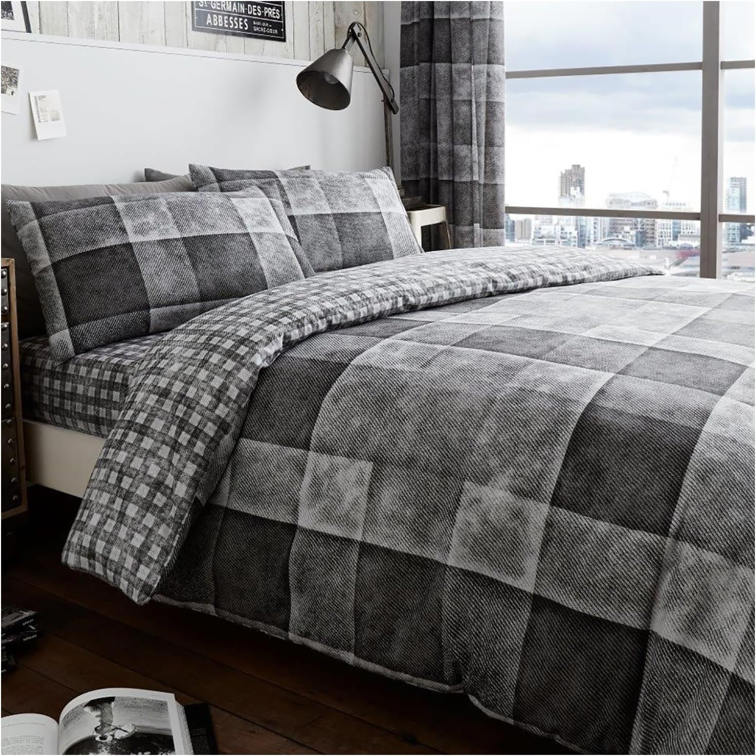 Lions Denim Check Grey Reversible Ultra Soft Duvet Cover Set Single Bed Size with Pillowcase, Reversible Plaid Quilt Covers, Machine Washable, 137x200cm