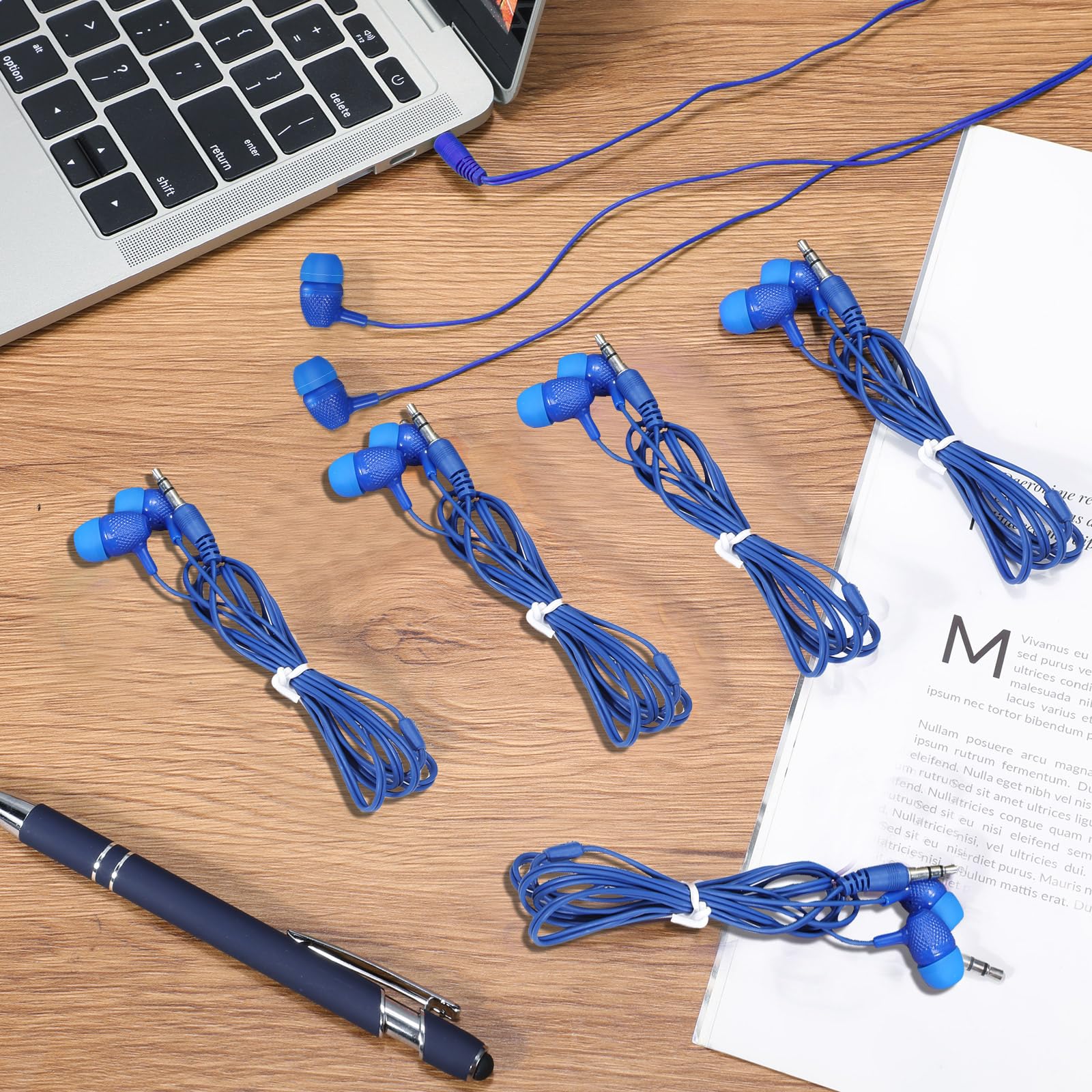 Confezione da 200 auricolari per bambini, 3,5 mm, per studenti, colori assortiti, auricolari cablati senza microfono, per scuole, aule, studenti, confezionati singolarmente (blu)