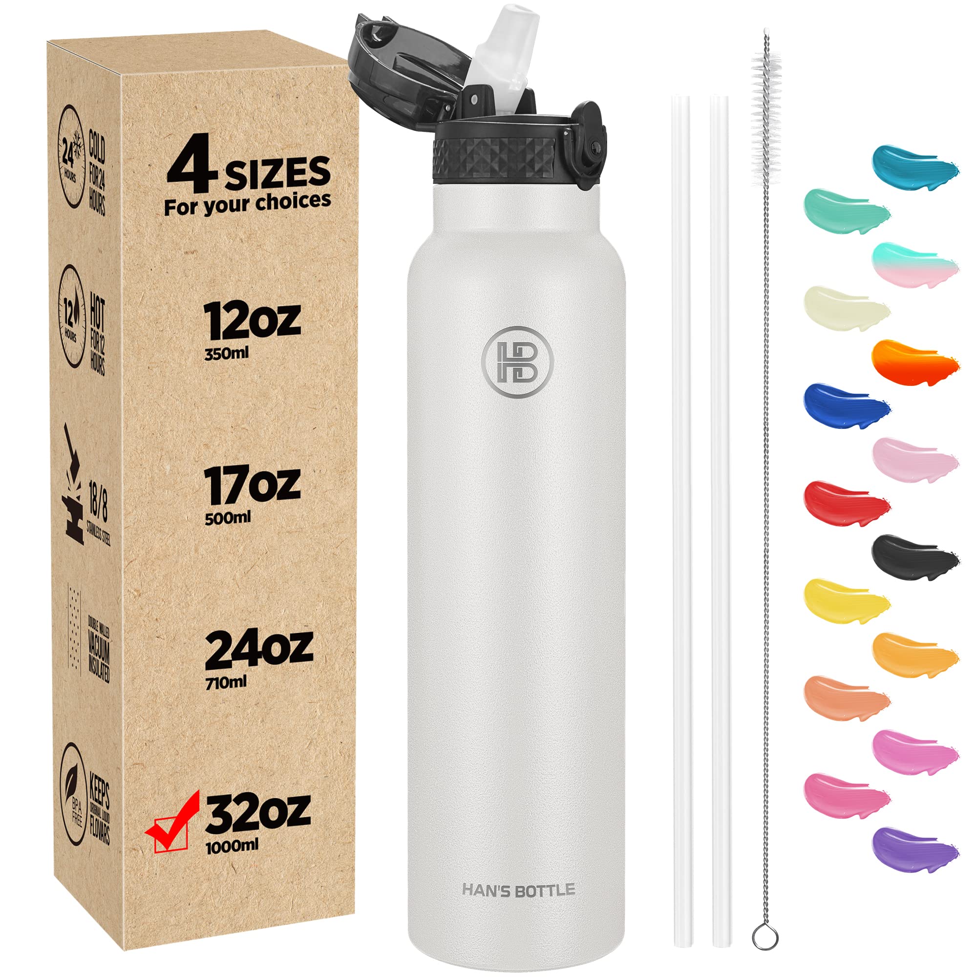 Han's Bottle Sports Water Bottle - 32 Oz, Straw Lid, Leak Proof, Vacuum Insulated Stainless Steel, Double Walled, Thermo Mug,White
