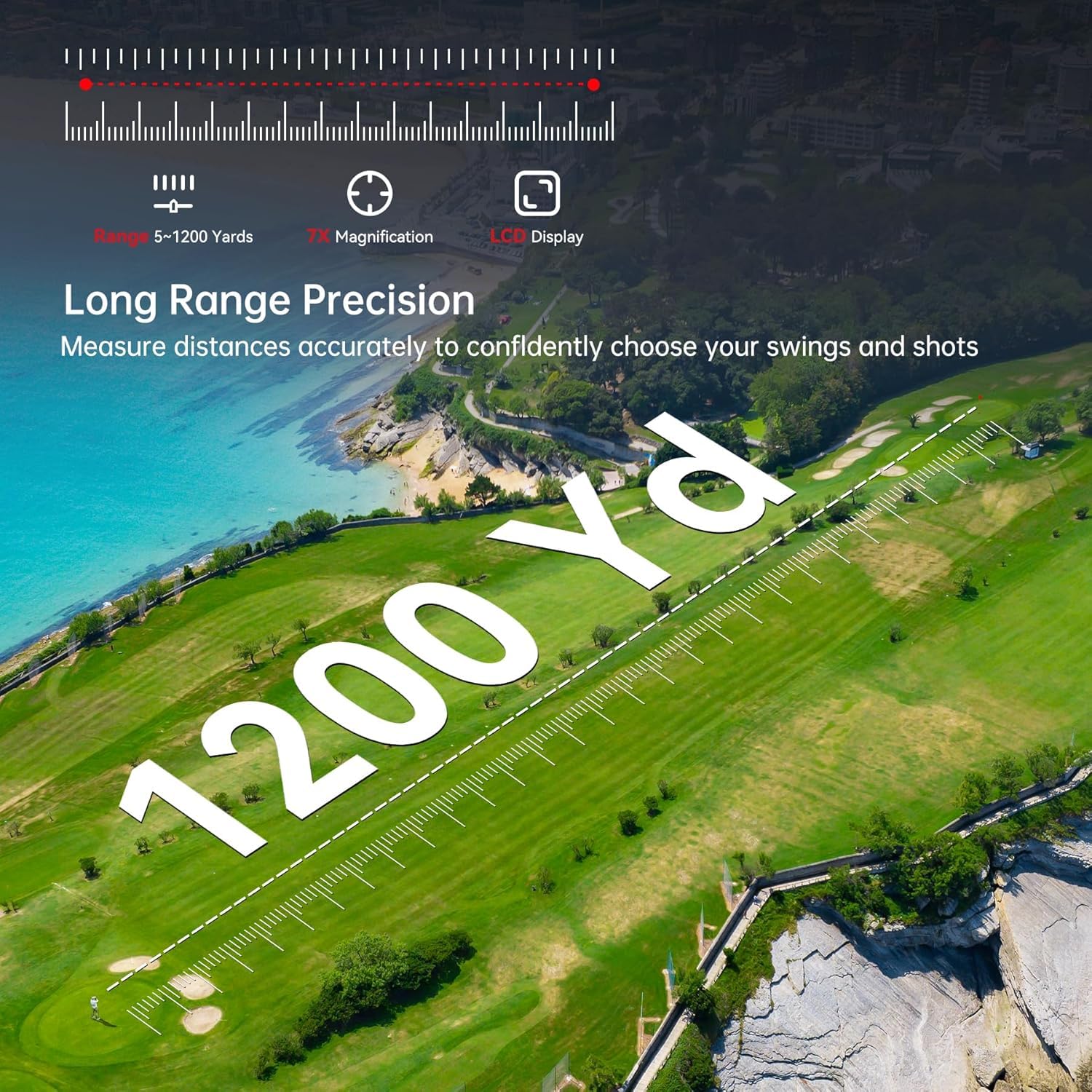 Télémètre de golf avec pente, télémètre laser de précision de 1 200 m, télémètre à vibration avec zoom 7x, support magnétique pour chariot, rechargeable par USB-C, résistant aux intempéries
