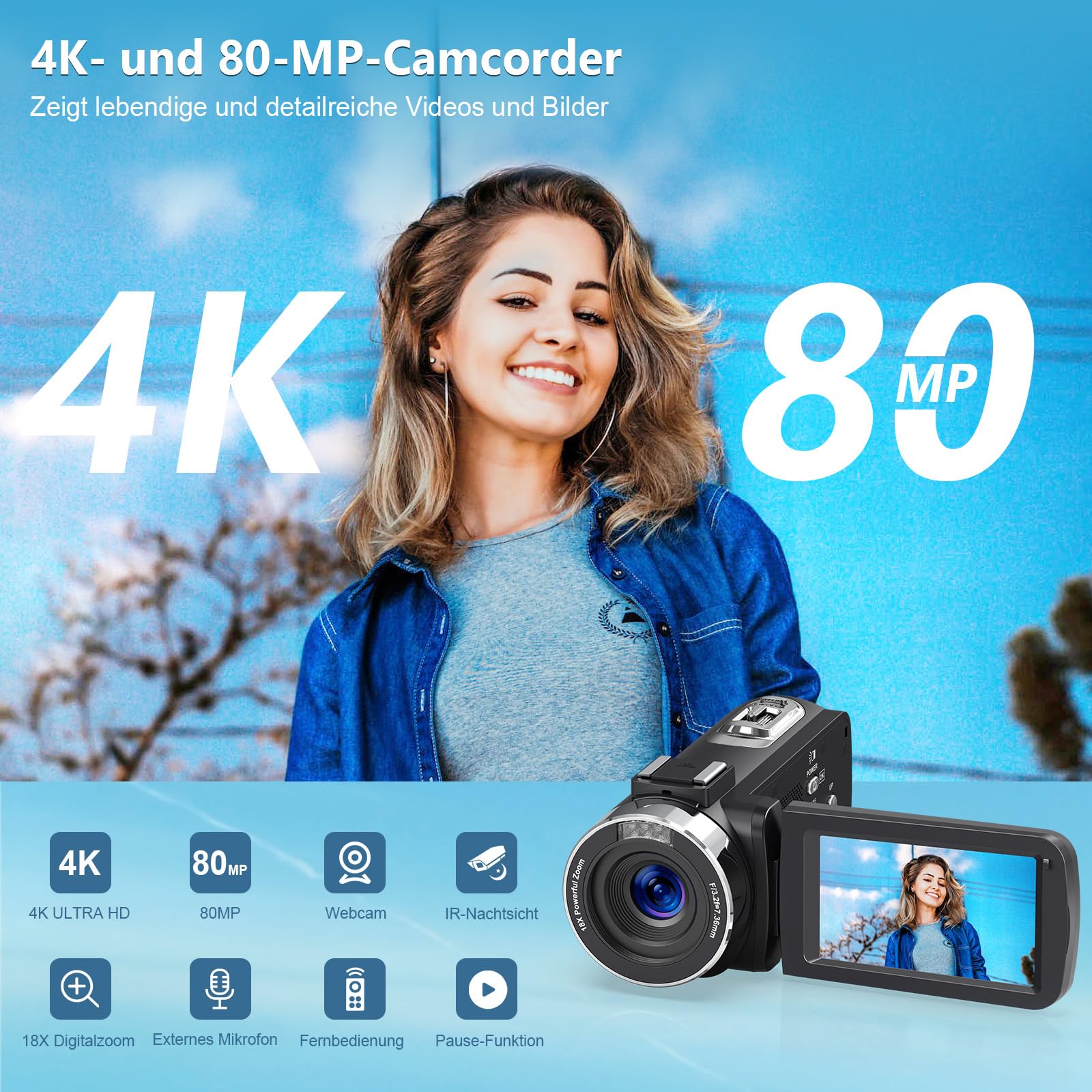 Videokamera 4K 80MP Camcorder für YouTube,30FPS Webcam IR Nachtsicht Vlogging Kamera,18X Digitalzoom 3,0 270°IPS Bildschirm Video Camera mit SD Karte, 2 Akkus, Fernbedienung, und Handstabilisator