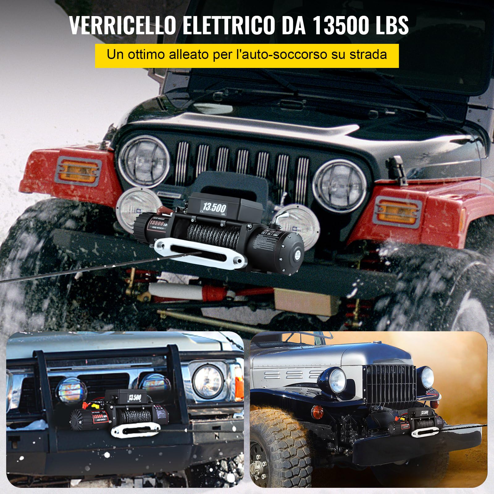 Verricello Elettrico 12 V 13500lb/6123kg CC con Cavo, IP68 Verricello Elettrico con 24m Corda Sintetica e Telecomando wireless×2, per carri rimorchi, fuoristrada, 4 x 4 veicoli,Traino UTV ATV