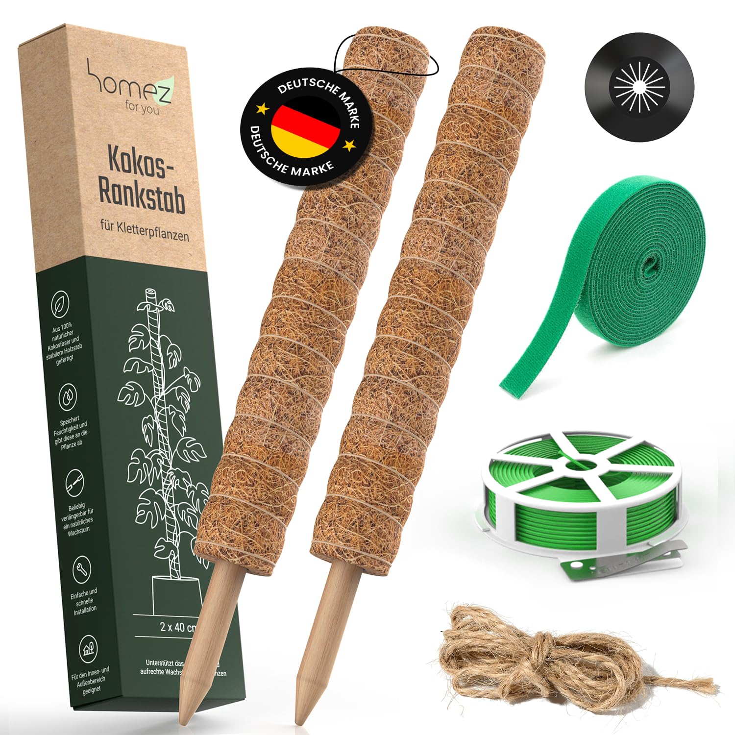 Homez Rankhilfe Monstera 2×40cm Moosstab verlängerbar – natürliche Pflanzenstütze für Monststera & Kletterpflanzen inkl. Zubehör und Stabilisator