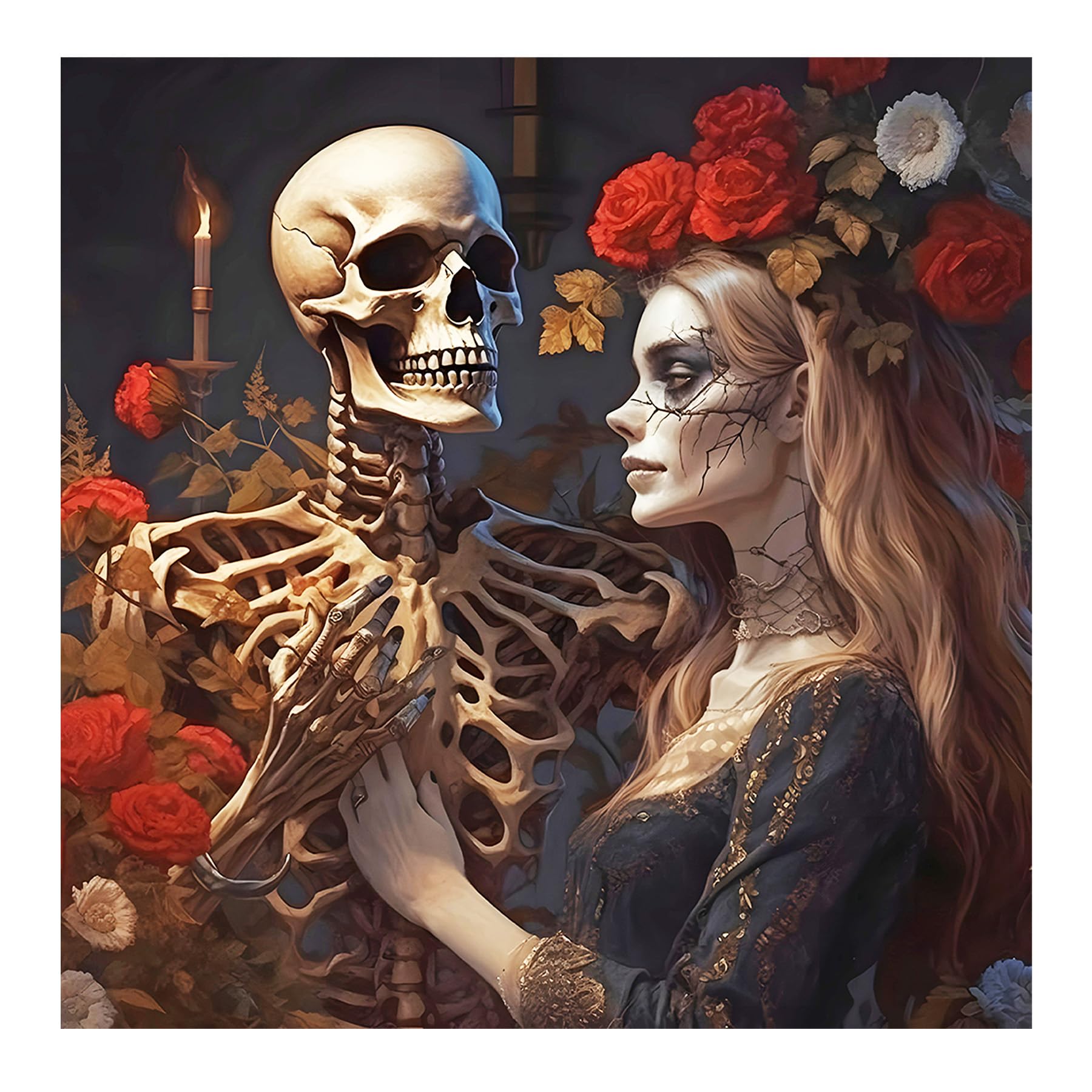 BOWETILE Halloween Skeleton Woman Roses Diamond Painting Art Kits for Adults, 5D Gem Art Painting Kits, Full Drill Painting Rhinestone Embroidery Pictures for Beginners, Home Wall Decor 30x30 cm