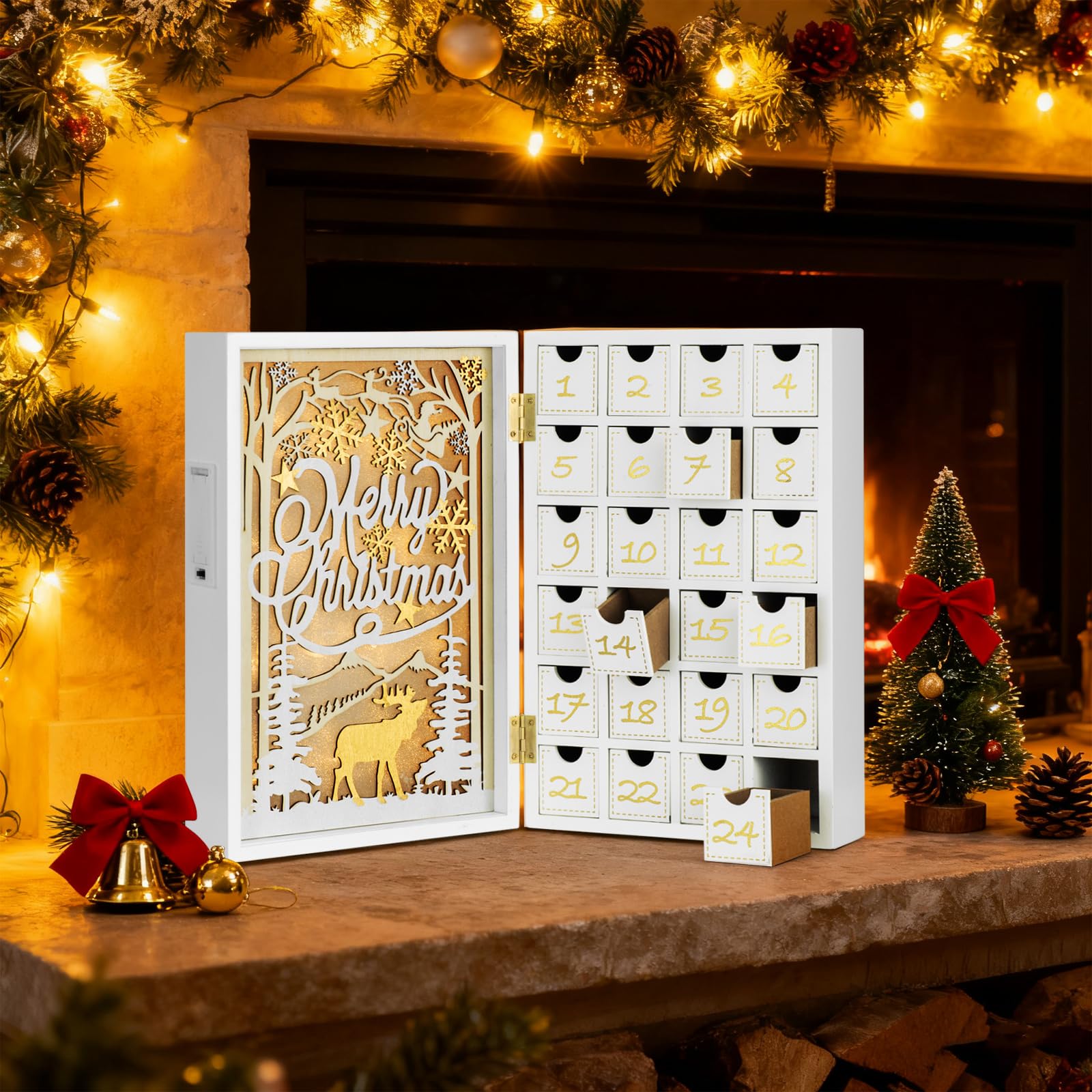 Holz Weiß Adventskalender mit Schubladen, Wiederverwendbarer Adventskalender mit Lichtern, Leere Boxen zum Befüllen, Dekorativer ausklappbarer Holzkalender für Kinder Weihnachten Deko 24 leere