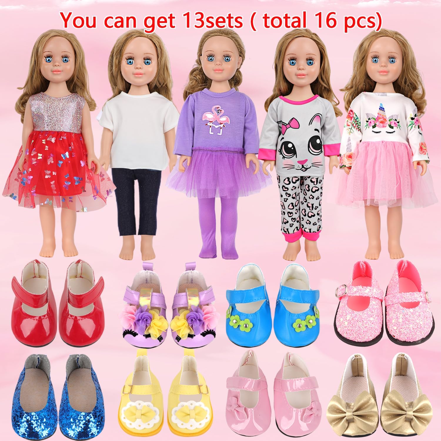 MSYO 16PCS 18Inch Doll Clothes&Shoes Set,5Outfits+2Pairs Random Shoes,Fits Most 18Inch Girl Dolls&45cm Fashion Dolls,Dress Up Kit for Kids Pretend Play