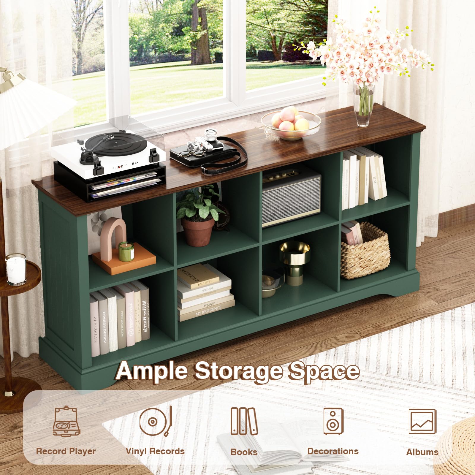 Athyrios 8 Cube Storage Organizer, 62' Long Low Horizontal Bookshelf, Green — product photo