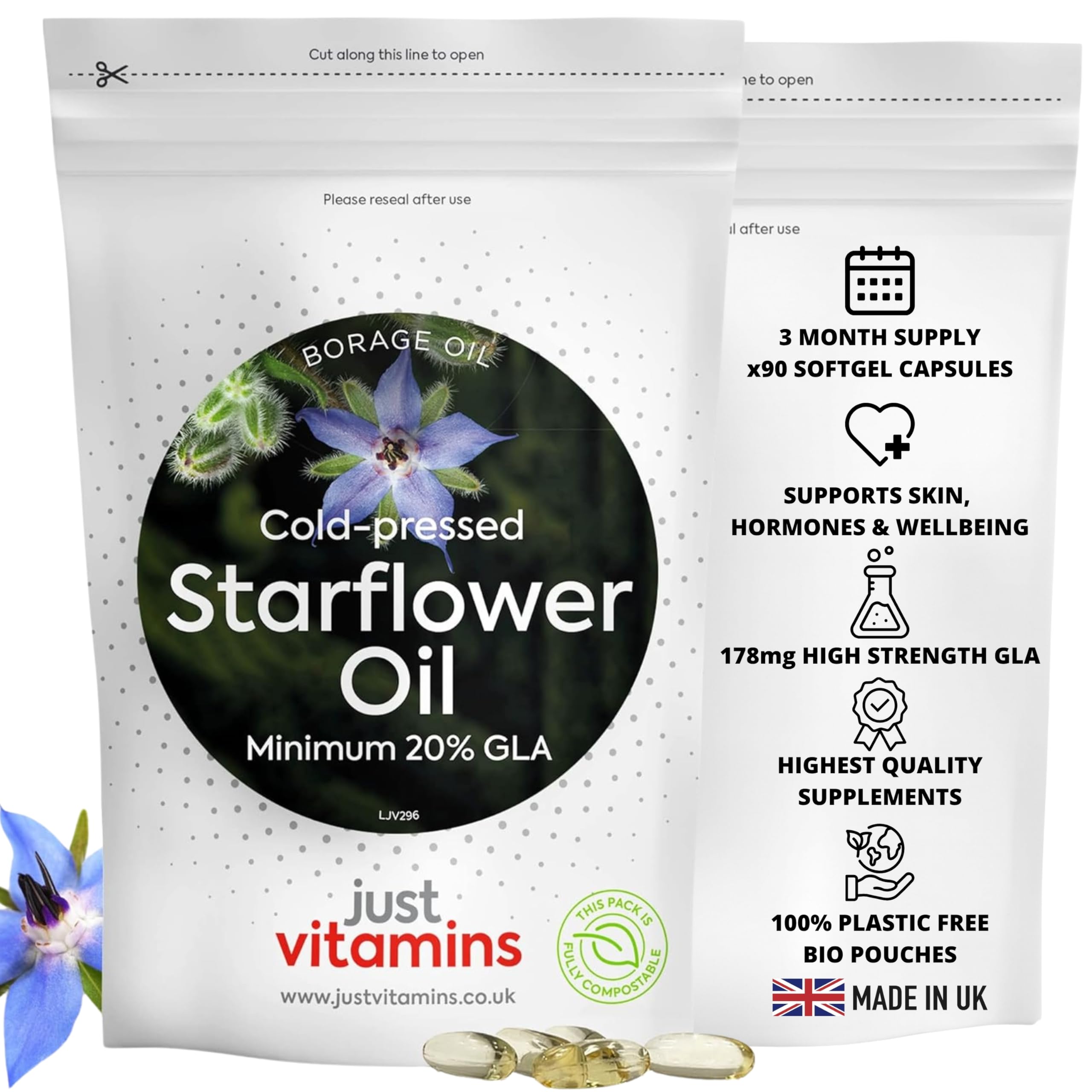 Starflower Oil 1000mg | 90 Premium Softgels | 178mg GLA | Cold-Pressed Borage Oil + Antioxidant Vitamin E | Omega 6 & 9 | PA-Safe | UK Made - Just Vitamins