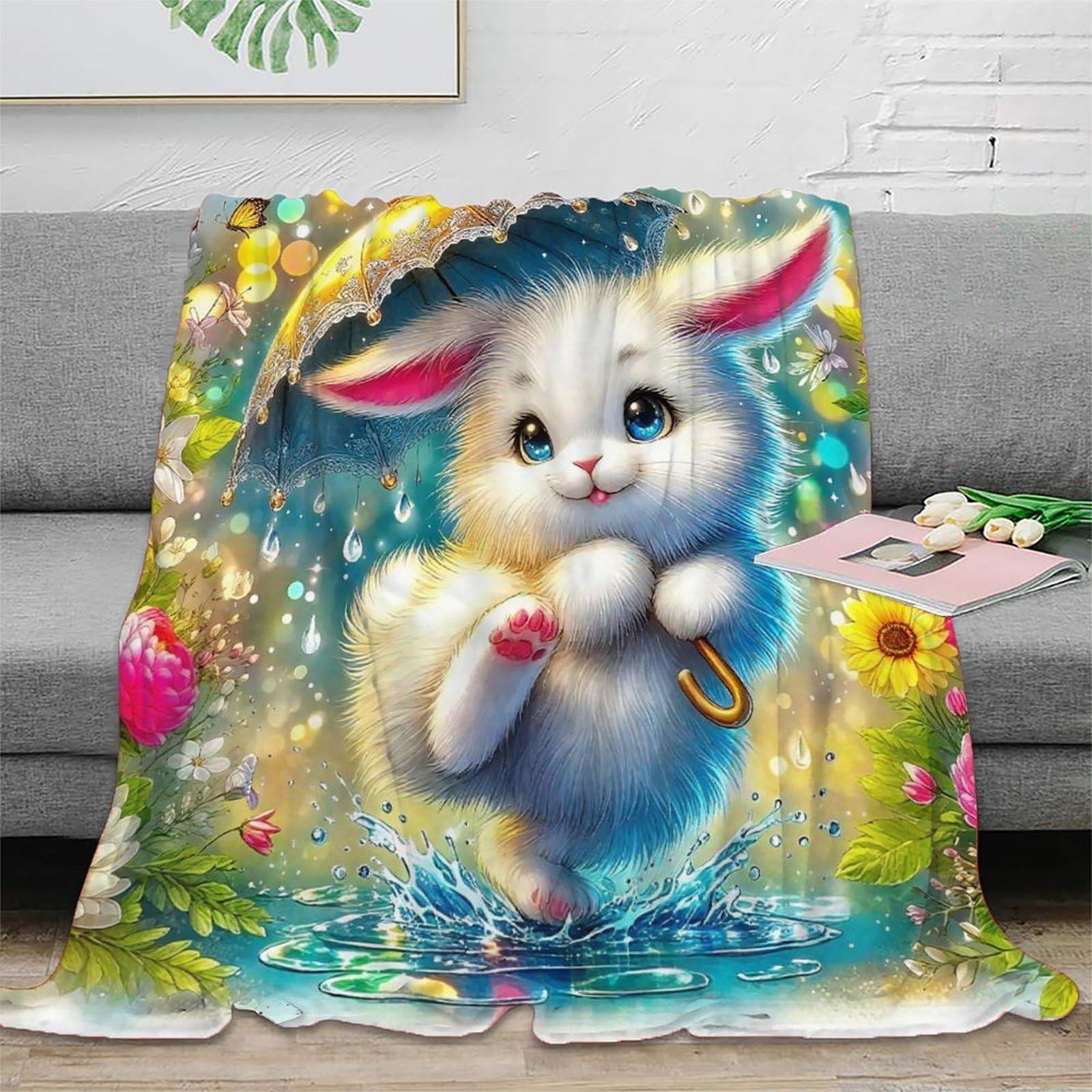 Couverture lapin 3D en microfibre 100x130cm chaude pour lit et canapé