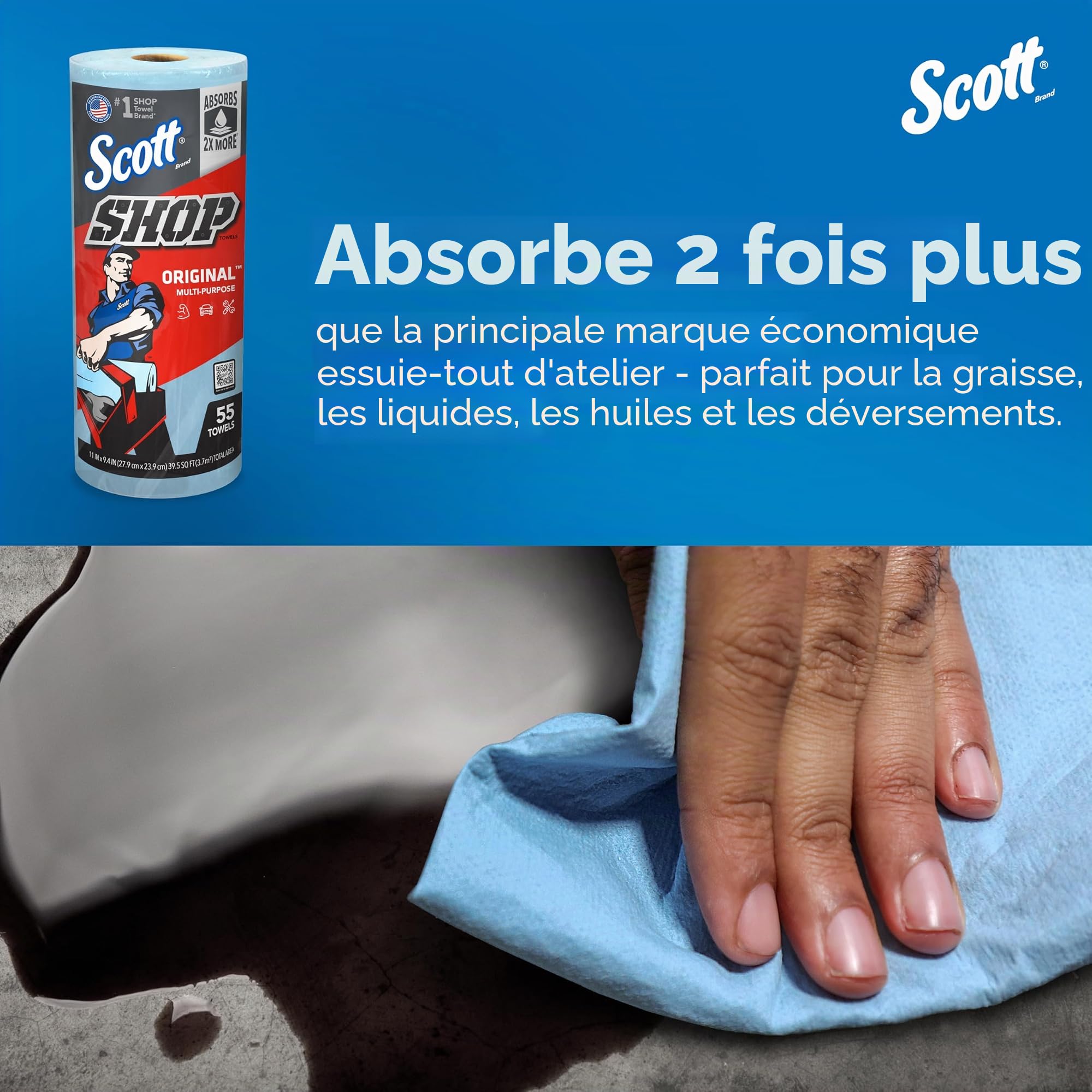 Essuie-mains Scott Shop Towels Original 75130 - Essuie-mains bleus pour essuyage intensif - 30 paquets de 1 rouleau bleu de 55 essuie-mains jetables (total de 1 650 essuie-mains)