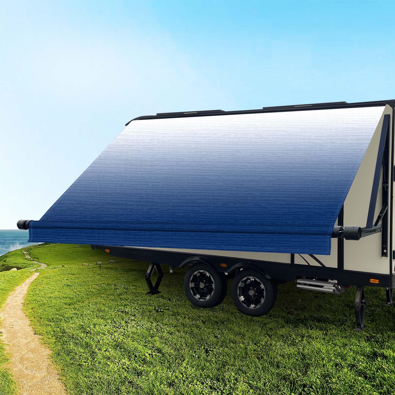 RV Awning Fabric Replacement,Camper Awning Replacement,18.5 oz Heavy Duty Waterproof Vinyl Universal RV Awning Replacement for All Brands Camper,Trailer, Motorhome Awnings,Blue Fade 20'2''