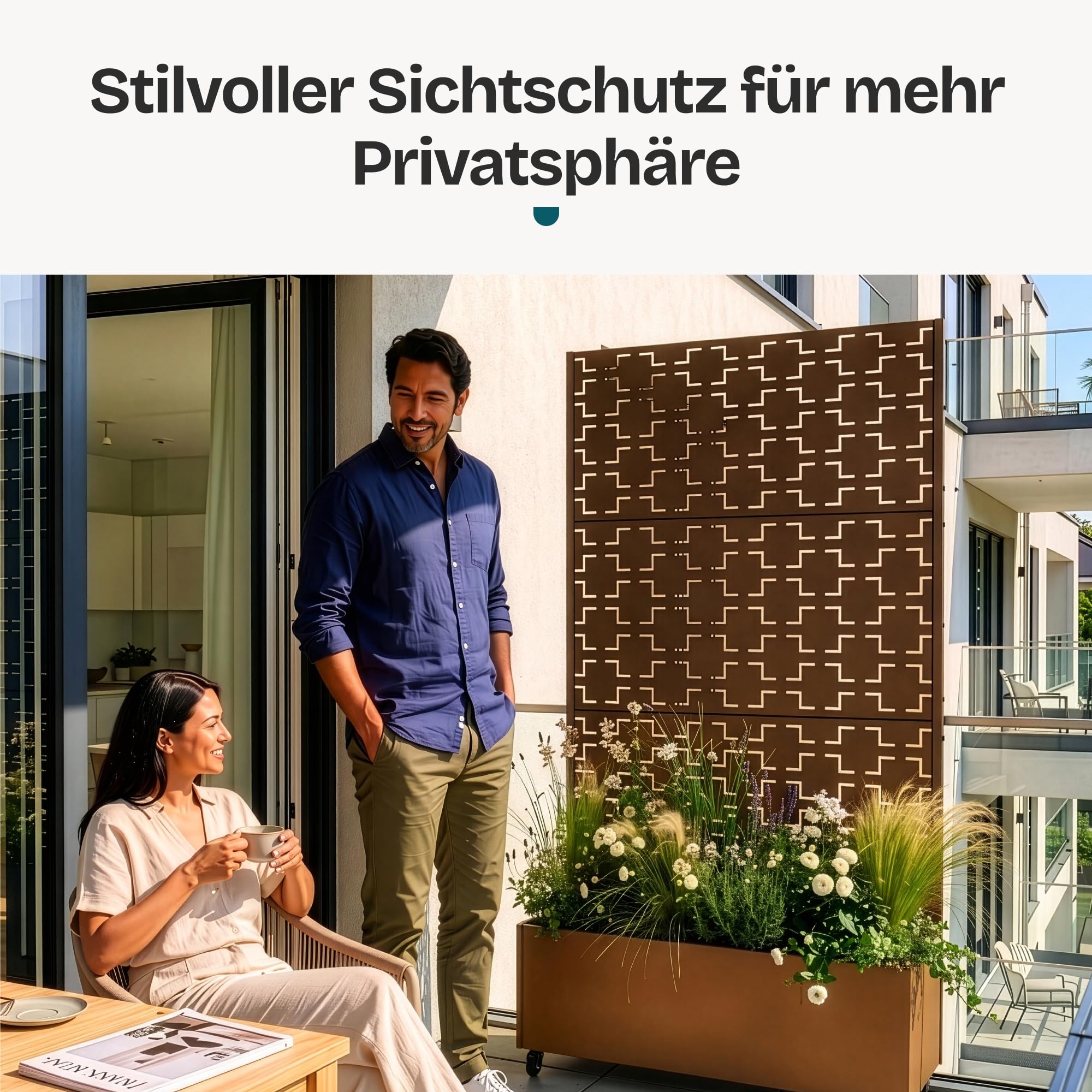 casa.pro Blumenkasten mit Sichtschutz Aaskis Pflanzkübel mit Rankgitter Metall Pflanzkasten Balkon 190 hoch Outdoor Trennwand mit Rollen Garten 190 x 82 x 38 cm Braun