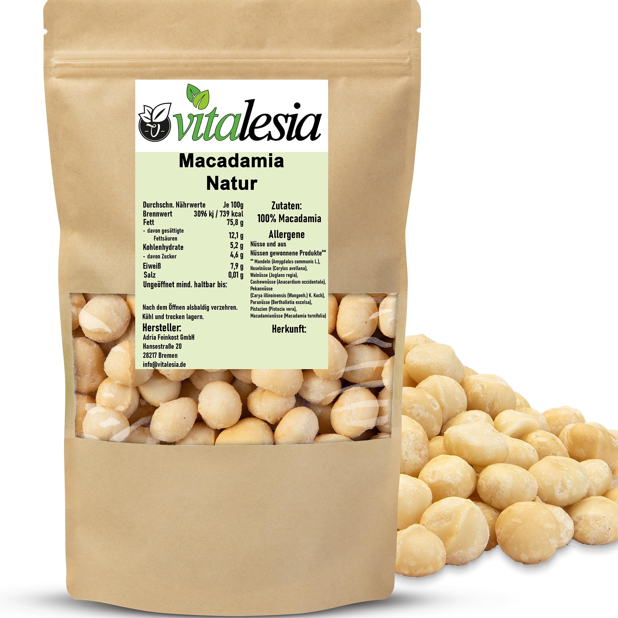 Vitalesia Macadamia Nüsse 500g | Premium Qualität aus Südafrika | roh, ungeröstet & ungesalzen | ohne Zusätze | Macadamianüsse naturbelassen 100 % | vegan