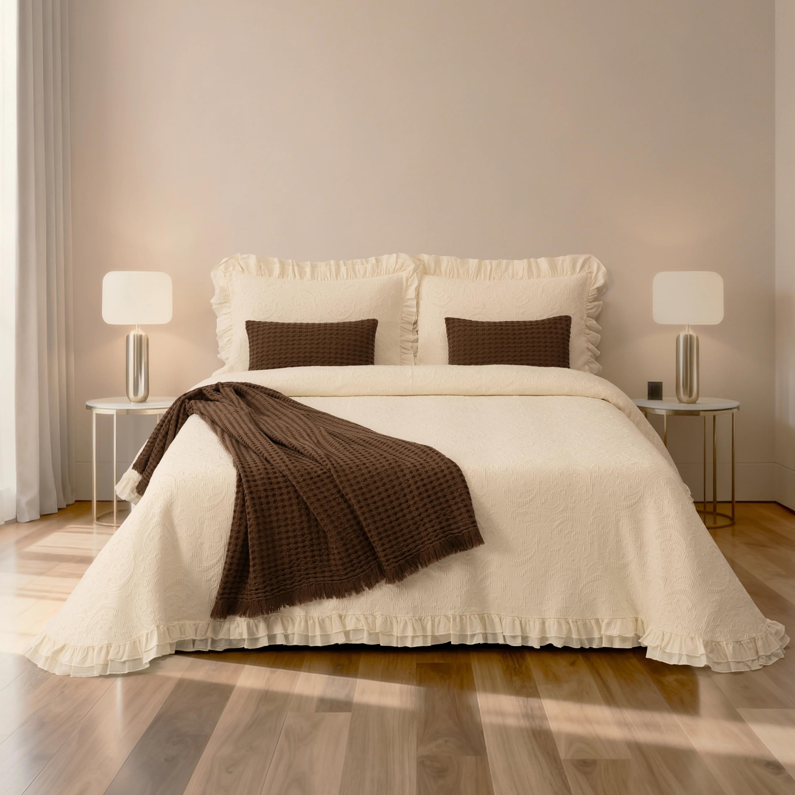 Colcha de Algodón Stonewashed Marfil con Volante Doble – Bonnie - 100% Algodón - Cama 105 cm (Colcha 200 x 260 cm) - Geométrico- Fabricado Portugal