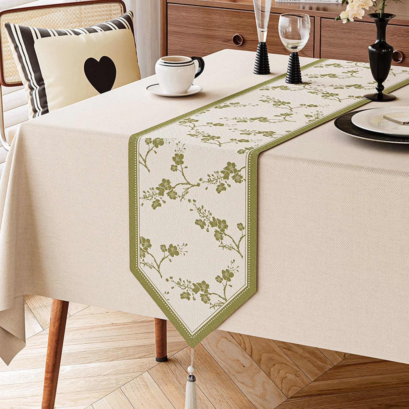 Tischläufer Modern Polyester, Tischläufer Wohnzimmer 30x200 cm, Leinenoptik mit Blumen- und Blättermuster